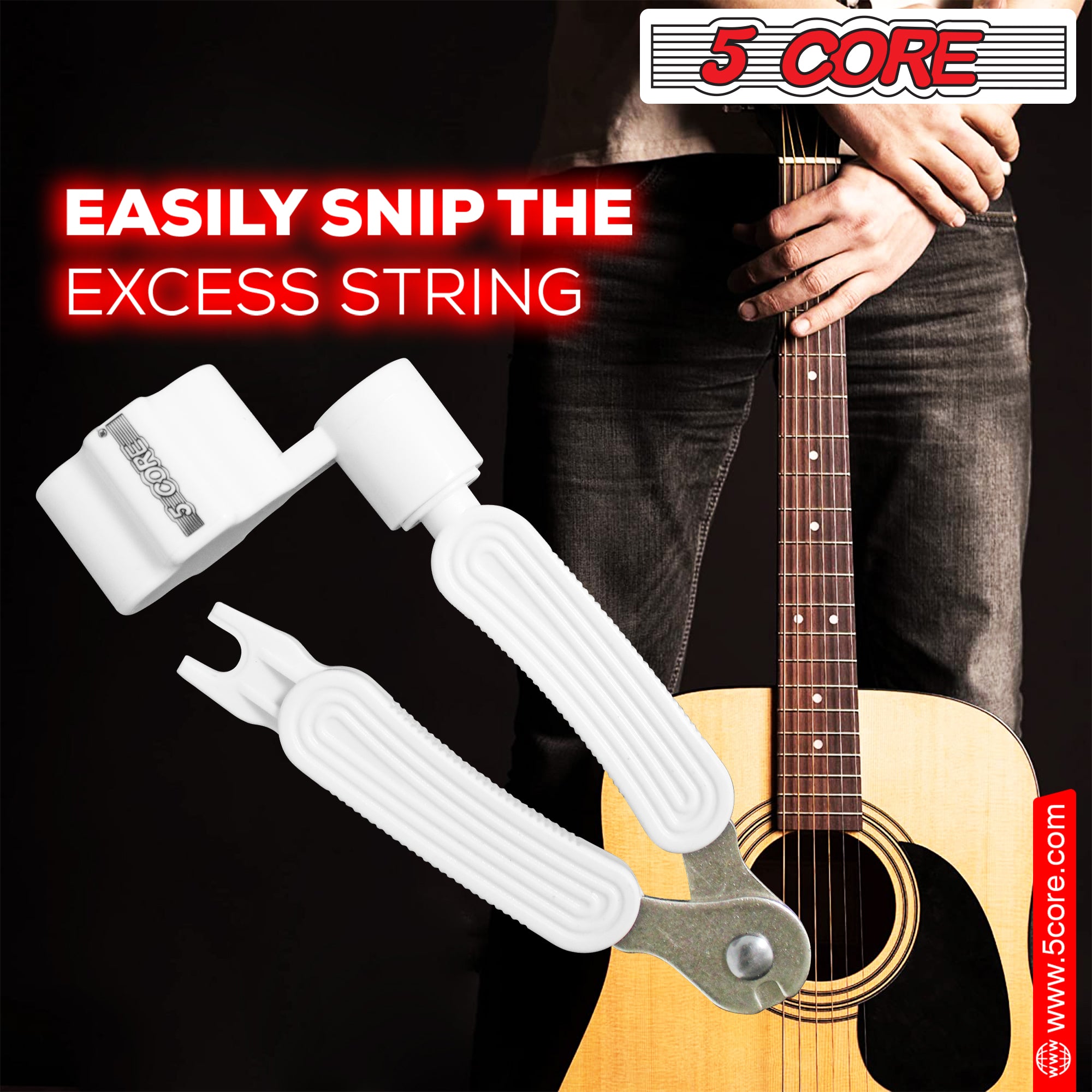 5Core Guitar String Winder Cutter Bridge Pin Remover, a versatile tool for changing guitar strings, featuring ergonomic design and built-in cutter.