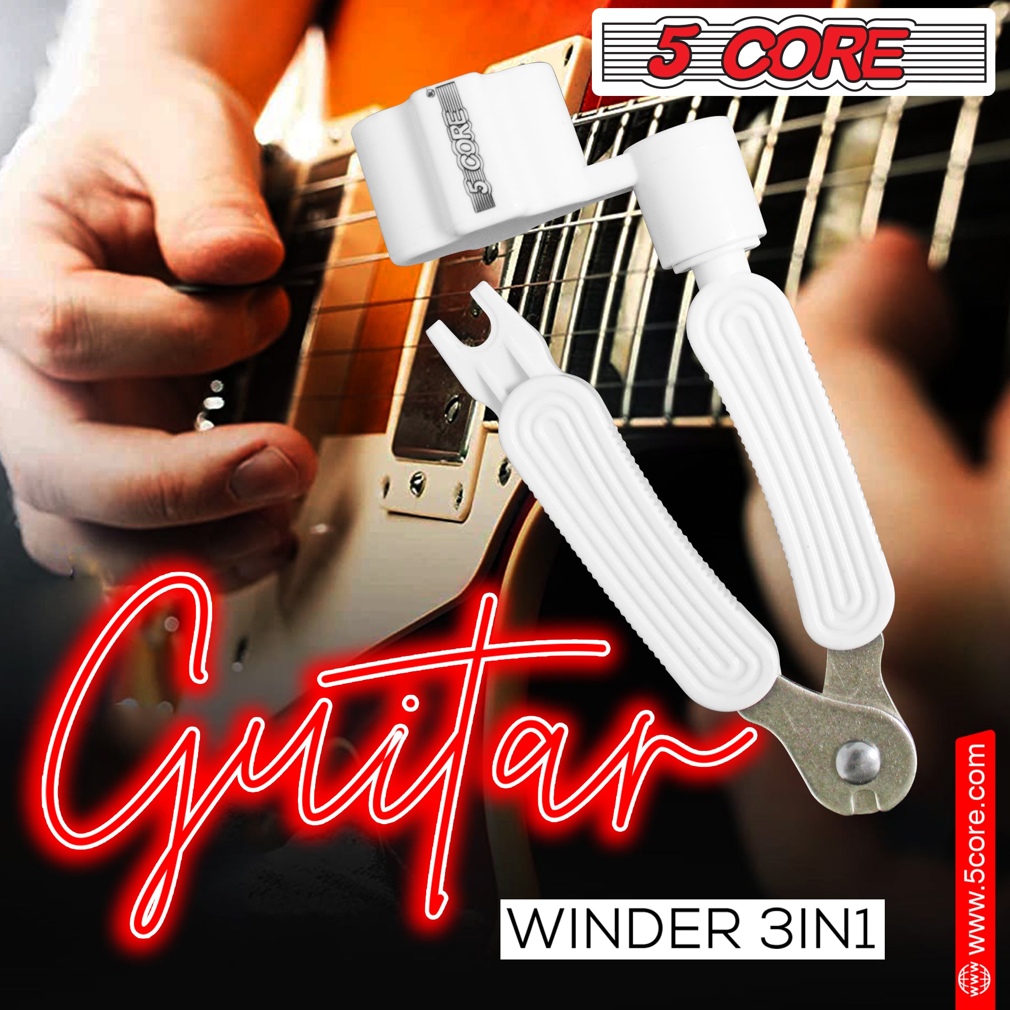 5Core Guitar String Winder Cutter Bridge Pin Remover, a versatile tool for changing guitar strings, featuring ergonomic design and built-in cutter.