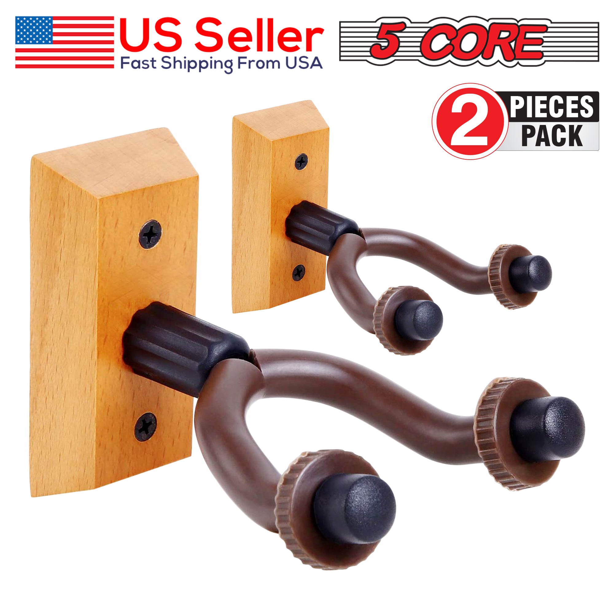 5Core Guitar Wall Mount Hanger showcasing a U-shaped design, made of durable wood and metal, ideal for displaying various string instruments.