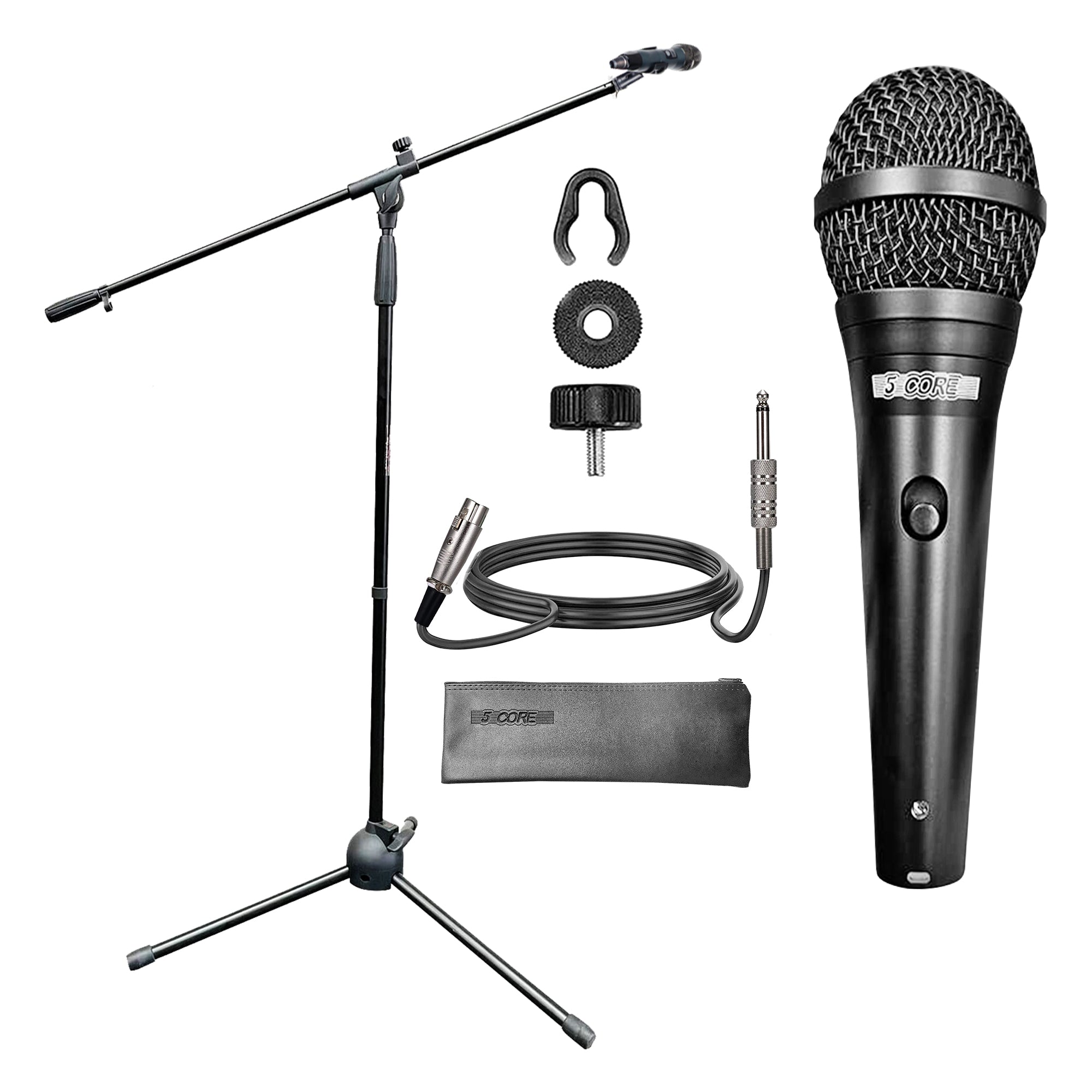 5Core Handheld Dynamic Microphone and Tripod Metal Stand Kit showcasing the microphone and adjustable stand, ideal for performances.