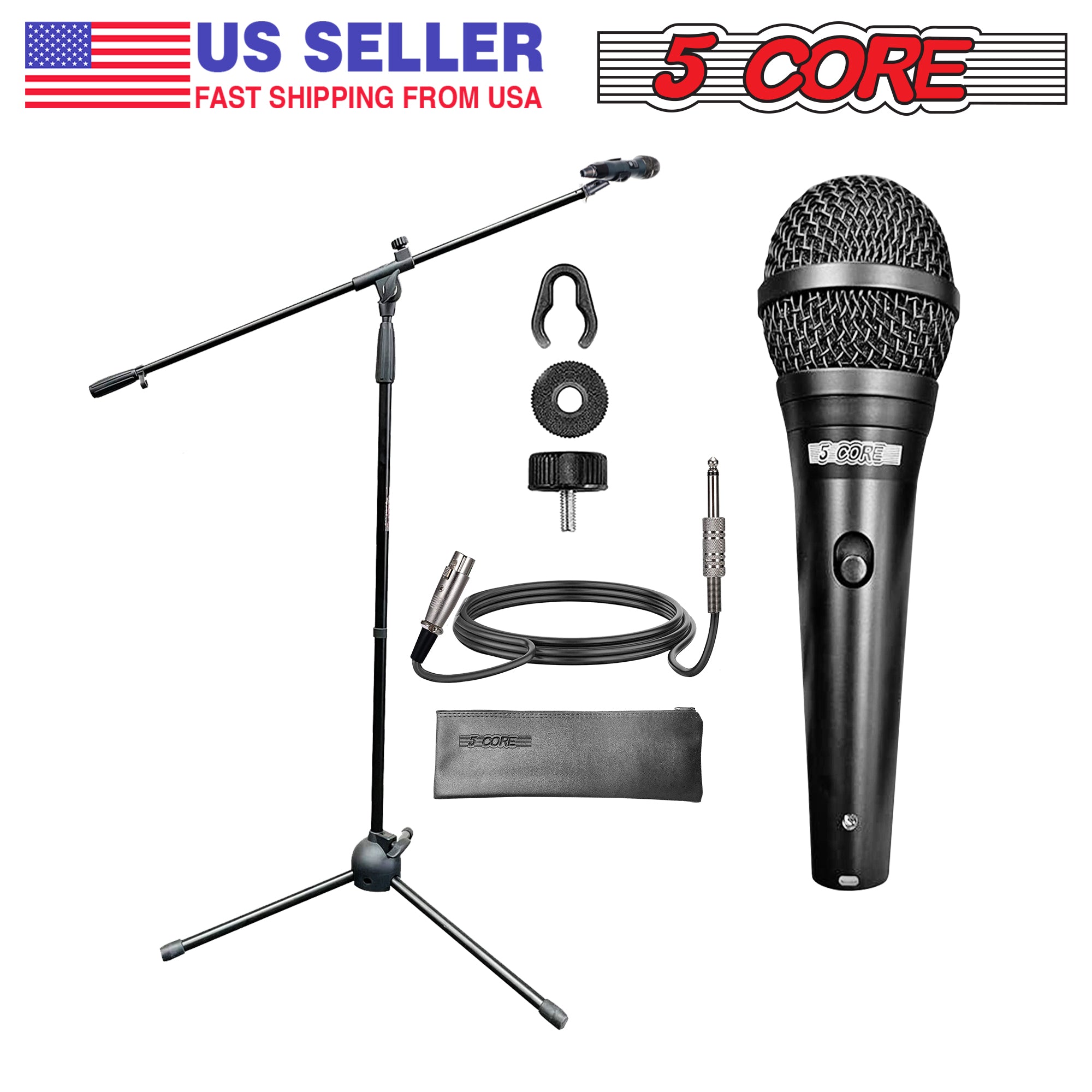 5Core Handheld Dynamic Microphone and Tripod Metal Stand Kit showcasing the microphone and adjustable stand, ideal for performances.