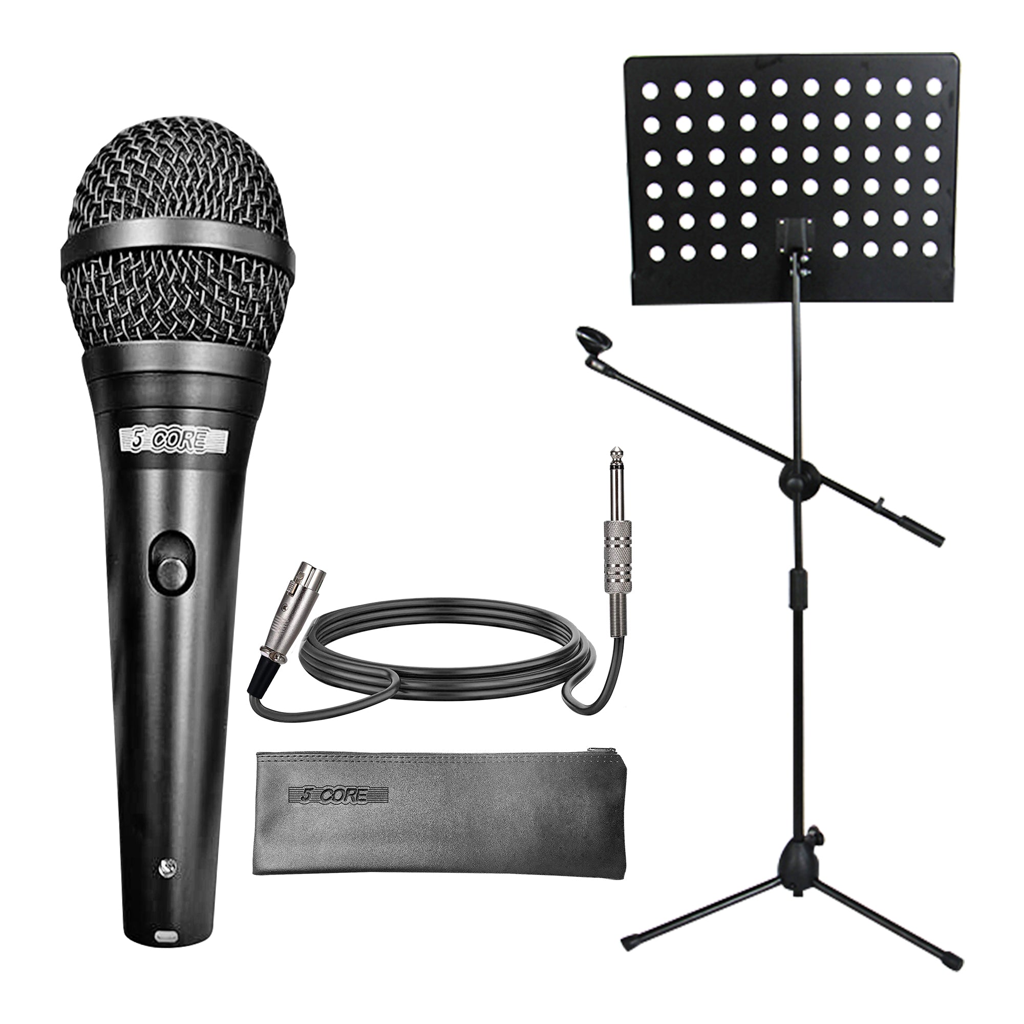 5Core Handheld Dynamic Microphone with Tripod Sheet Music Stand, showcasing a dynamic microphone and adjustable tripod stand for music sheets.