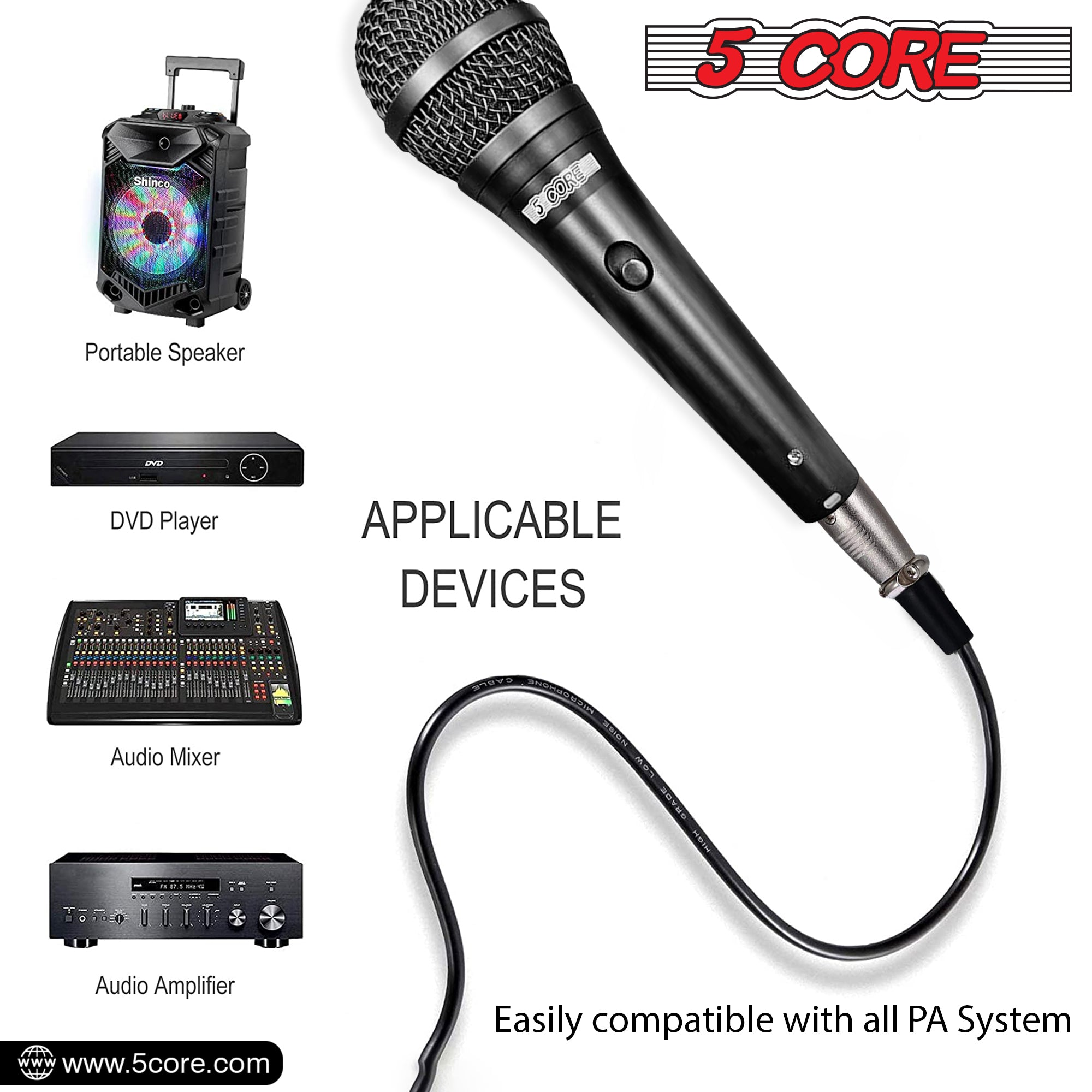 5Core Handheld Dynamic Microphone with Tripod Sheet Music Stand, showcasing a dynamic microphone and adjustable tripod stand for music sheets.