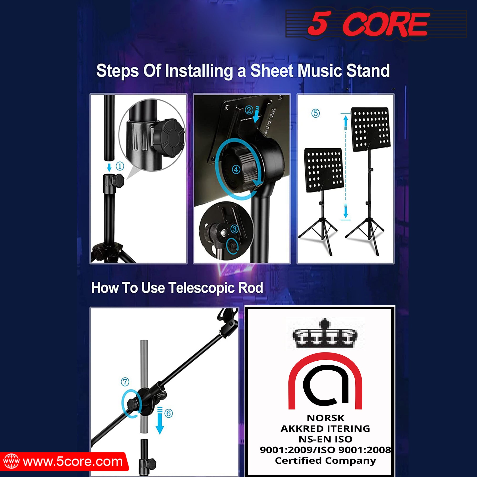 5Core Handheld Dynamic Microphone with Tripod Sheet Music Stand, showcasing a dynamic microphone and adjustable tripod stand for music sheets.