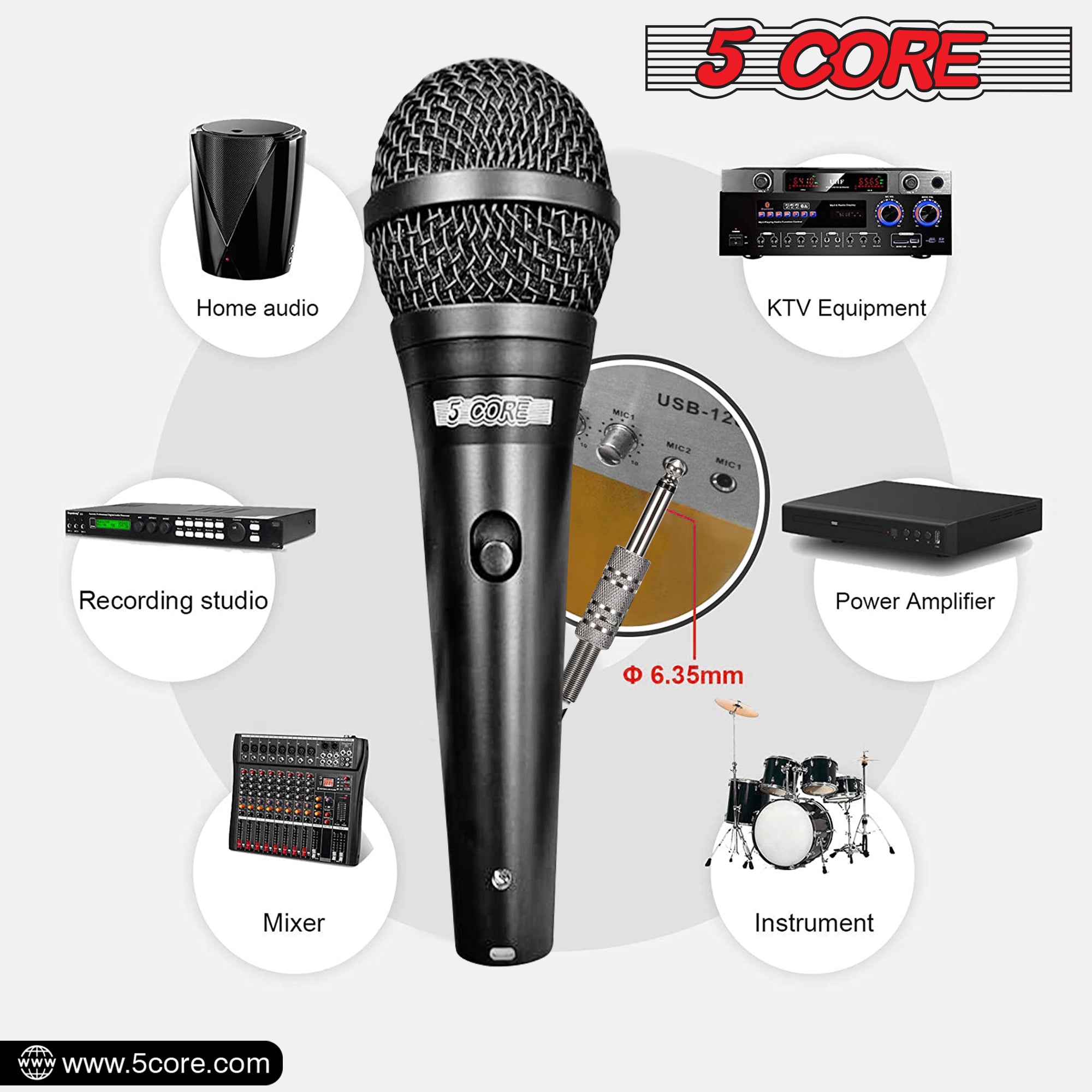 5Core Handheld Dynamic Microphone with Tripod Sheet Music Stand, showcasing a dynamic microphone and adjustable tripod stand for music sheets.