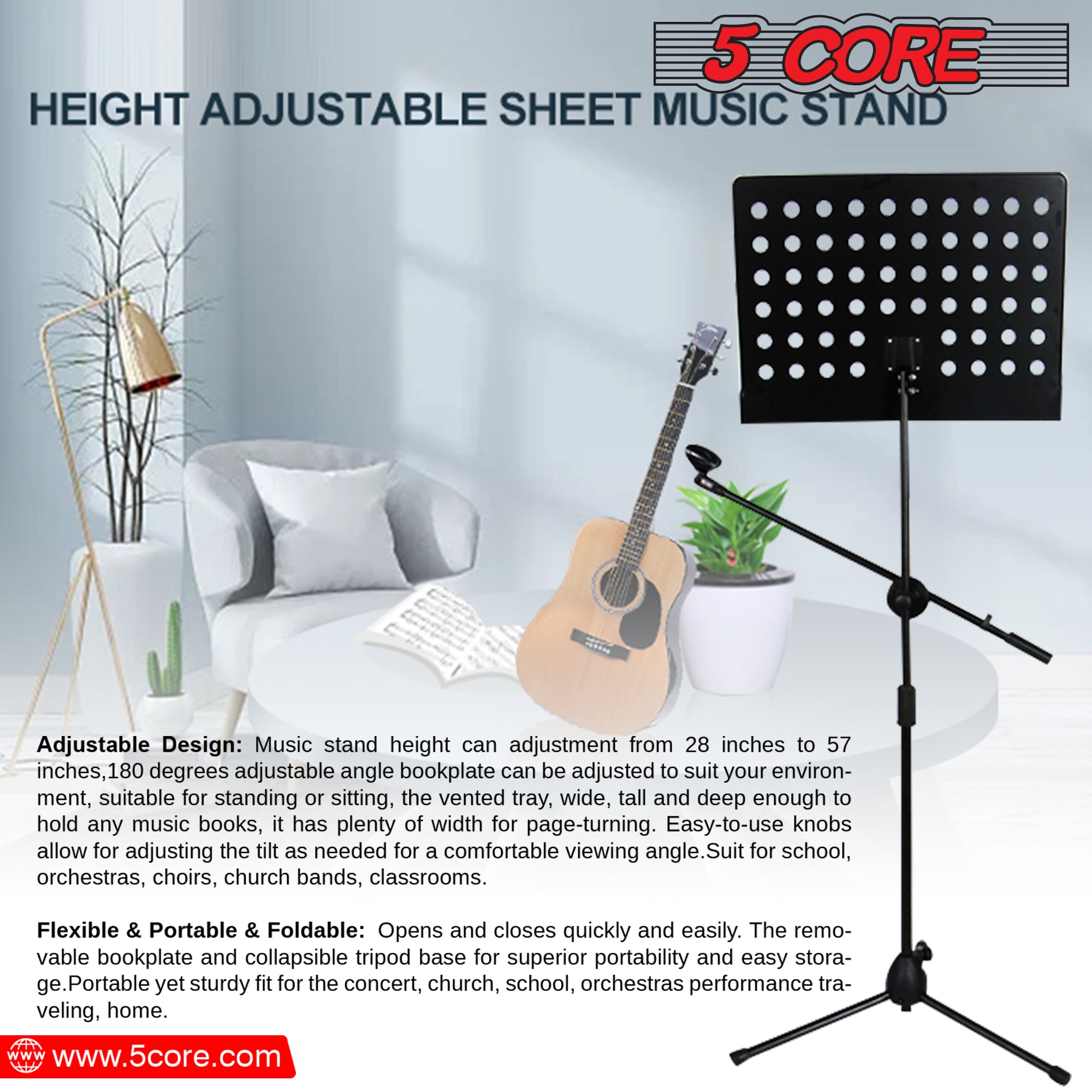 5Core Handheld Dynamic Microphone with Tripod Sheet Music Stand, showcasing a dynamic microphone and adjustable tripod stand for music sheets.