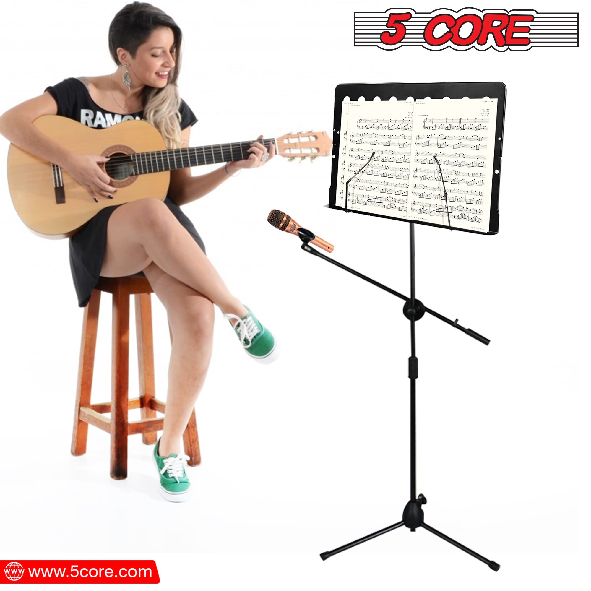 5Core Handheld Dynamic Microphone with Tripod Sheet Music Stand, showcasing a dynamic microphone and adjustable tripod stand for music sheets.