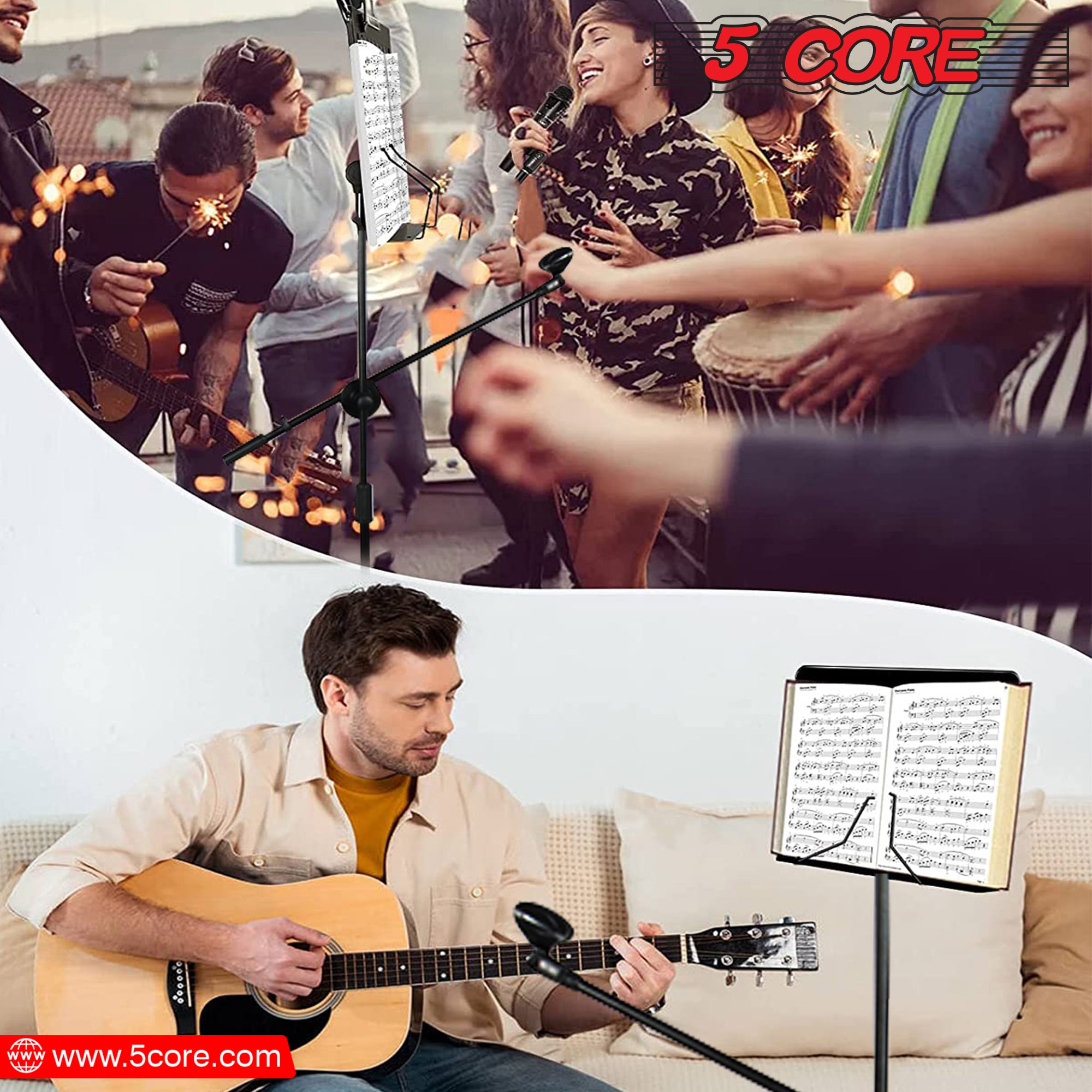 5Core Handheld Dynamic Microphone with Tripod Sheet Music Stand, showcasing a dynamic microphone and adjustable tripod stand for music sheets.
