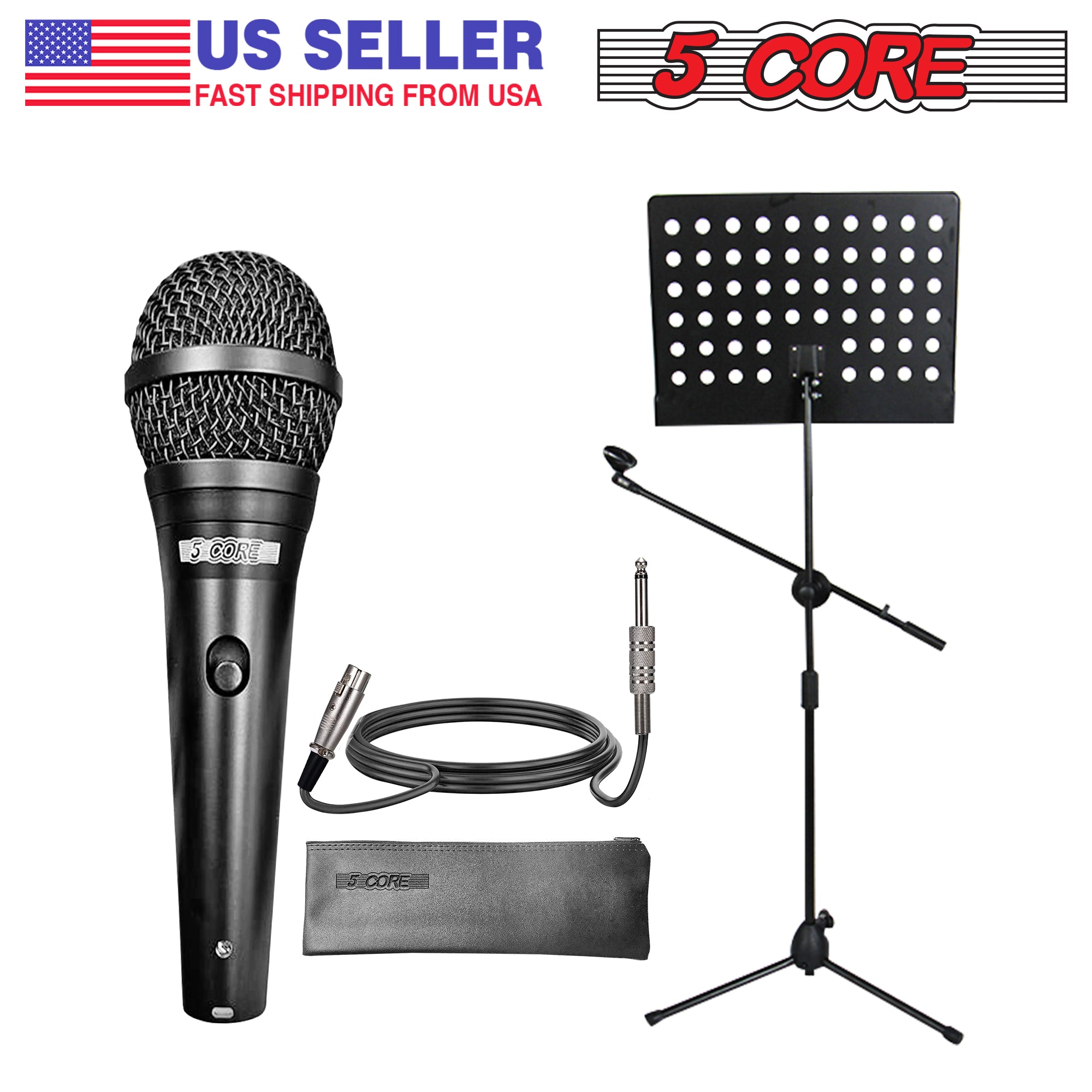 5Core Handheld Dynamic Microphone with Tripod Sheet Music Stand, showcasing a dynamic microphone and adjustable tripod stand for music sheets.