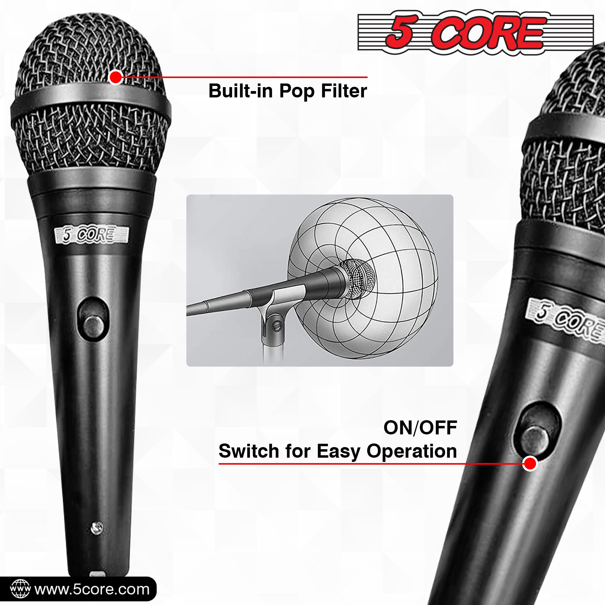5Core Handheld Dynamic Microphone with Tripod Sheet Music Stand, showcasing a dynamic microphone and adjustable tripod stand for music sheets.