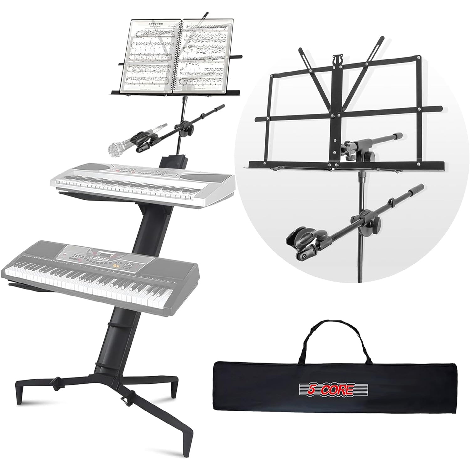 5Core Keyboard Stand featuring a sturdy two-tier design, adjustable height, and built-in microphone and sheet music holder.