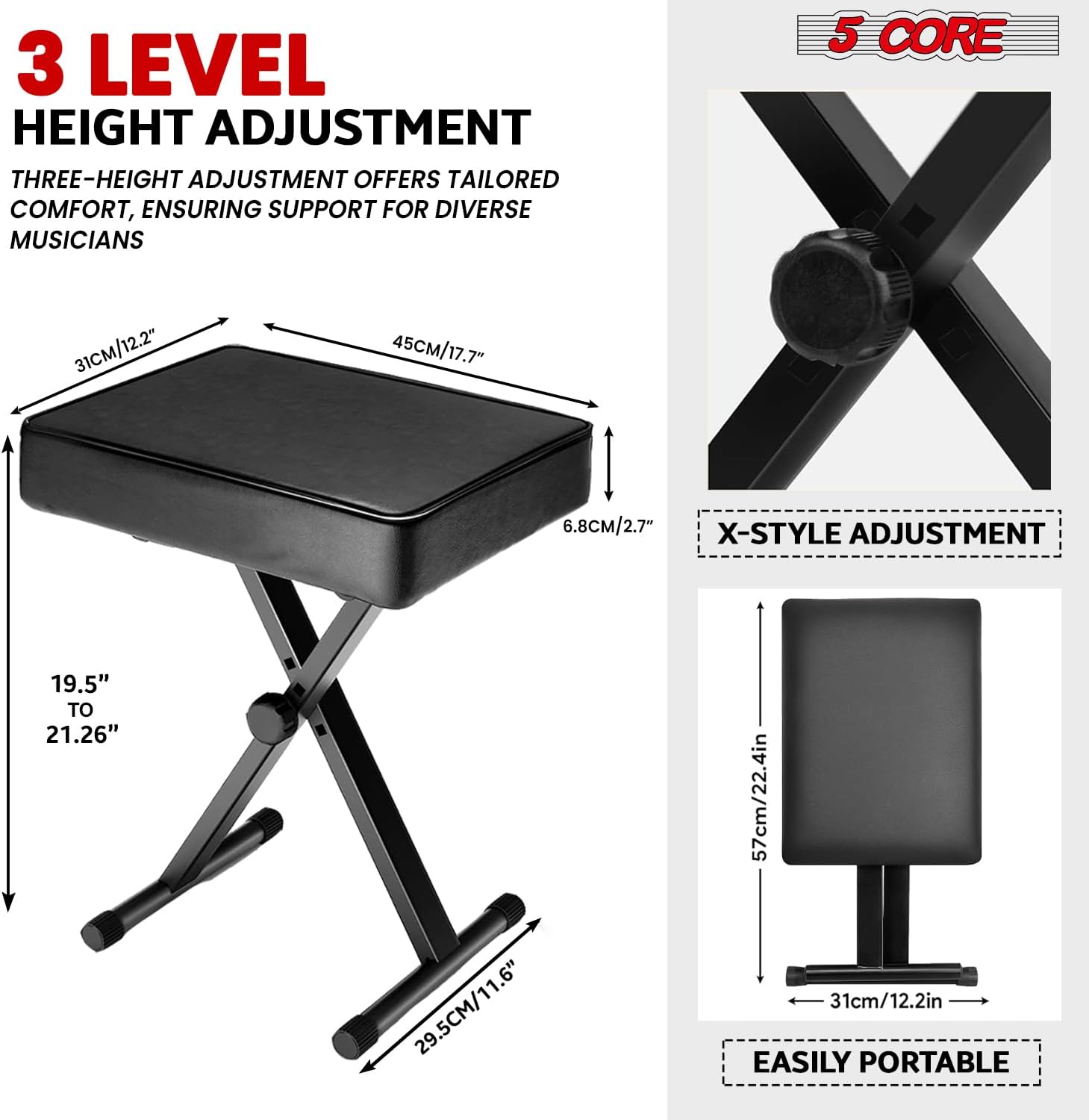 5Core Adjustable Keyboard Stand and Padded Bench in black, showcasing its sturdy Z-style design and comfortable seating.