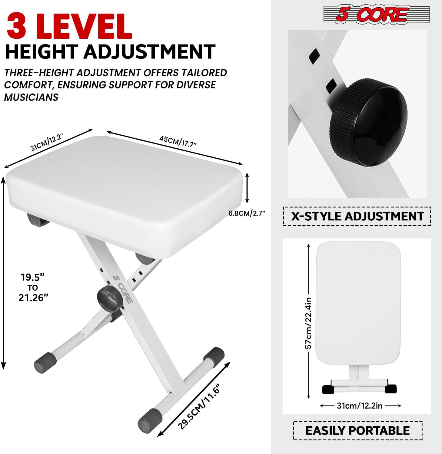 5Core Adjustable Keyboard Stand and Padded Bench in black, showcasing its sturdy Z-style design and comfortable seating.