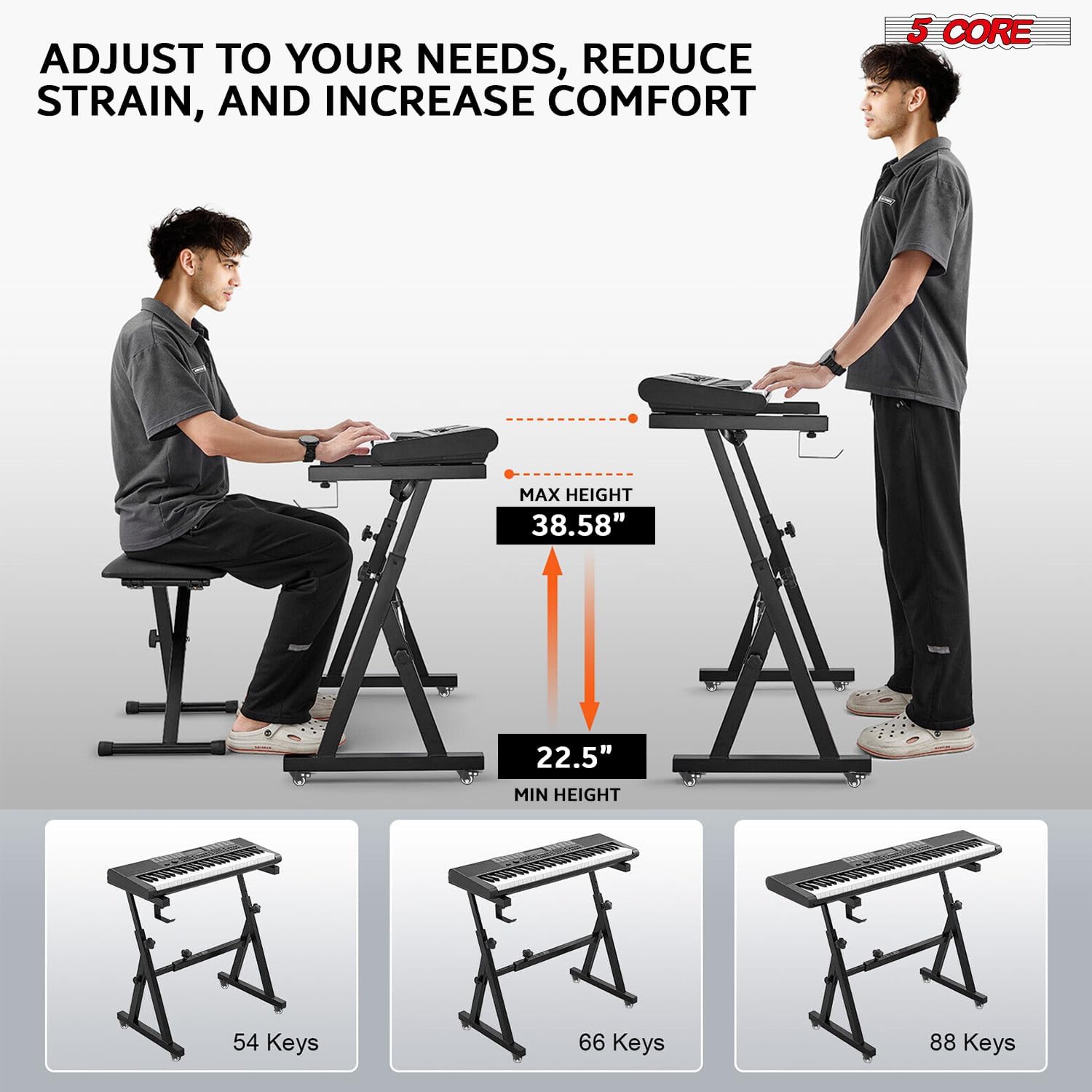 5Core Adjustable Keyboard Stand and Padded Bench in black, showcasing its sturdy Z-style design and comfortable seating.