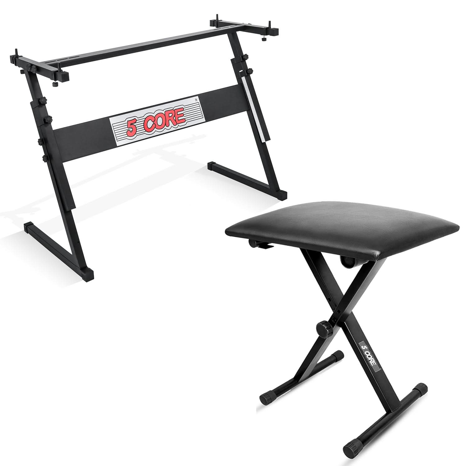 5Core Adjustable Keyboard Stand and Piano Bench in black, showcasing sturdy metal construction and adjustable heights for optimal playing comfort.