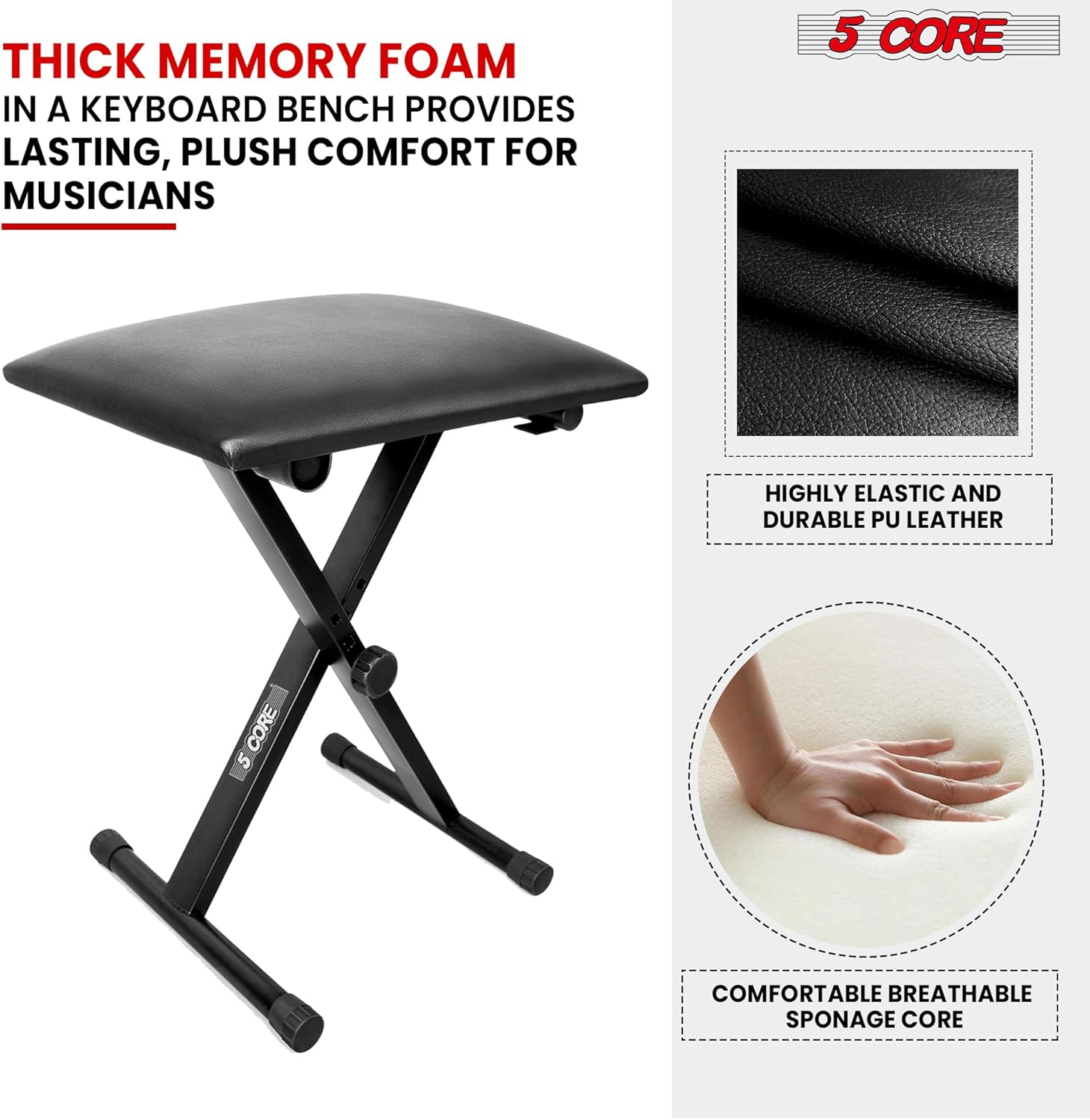 5Core Adjustable Keyboard Stand and Piano Bench in black, showcasing sturdy metal construction and adjustable heights for optimal playing comfort.