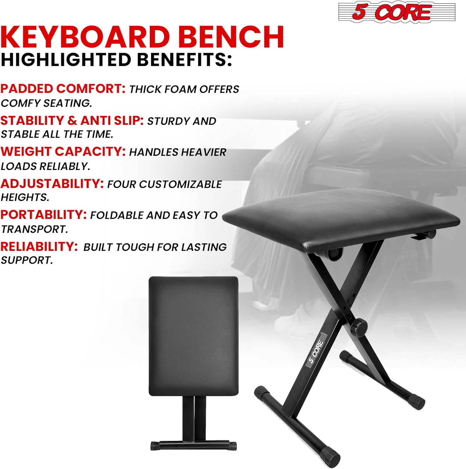 5Core Adjustable Keyboard Stand and Piano Bench in black, showcasing sturdy metal construction and adjustable heights for optimal playing comfort.