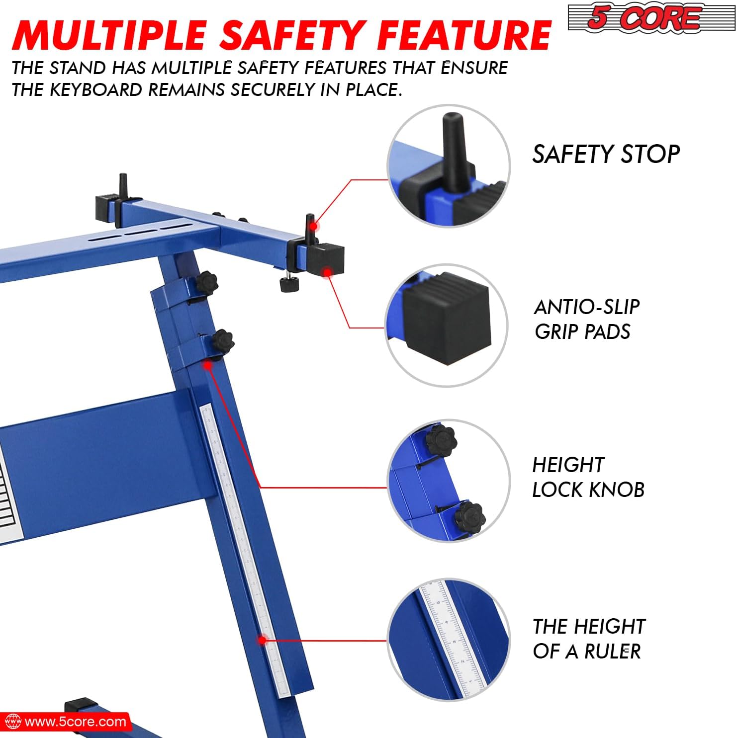 5Core Adjustable Keyboard Stand and Piano Bench in black, showcasing sturdy metal construction and adjustable heights for optimal playing comfort.