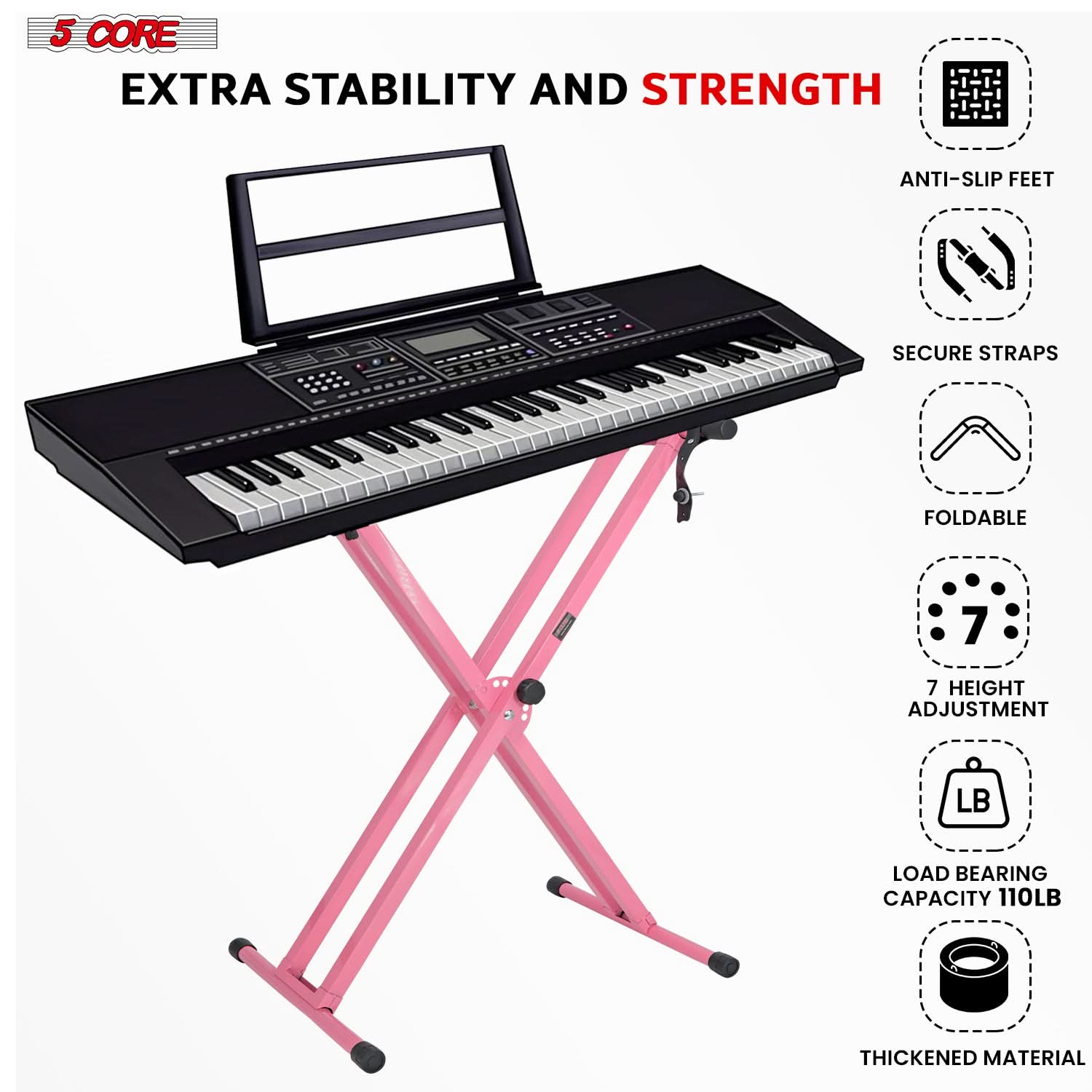 5Core Keyboard Stand Double X Style Adjustable Lift Piano Riser for 49-key keyboards, showcasing its sturdy design and adjustable height features.