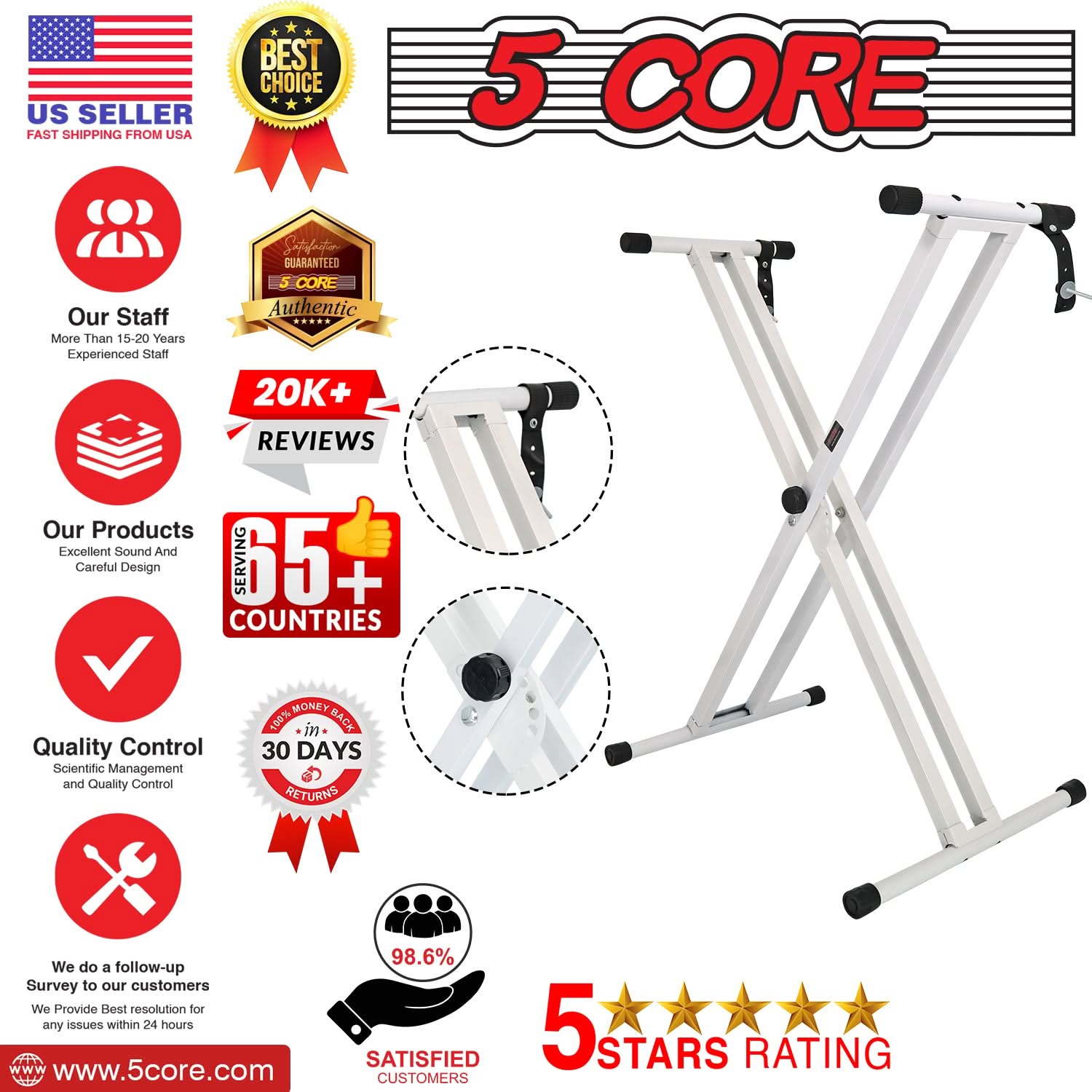 5Core Keyboard Stand Double X Style Adjustable Lift Piano Riser for 49-key keyboards, showcasing its sturdy design and adjustable height features.