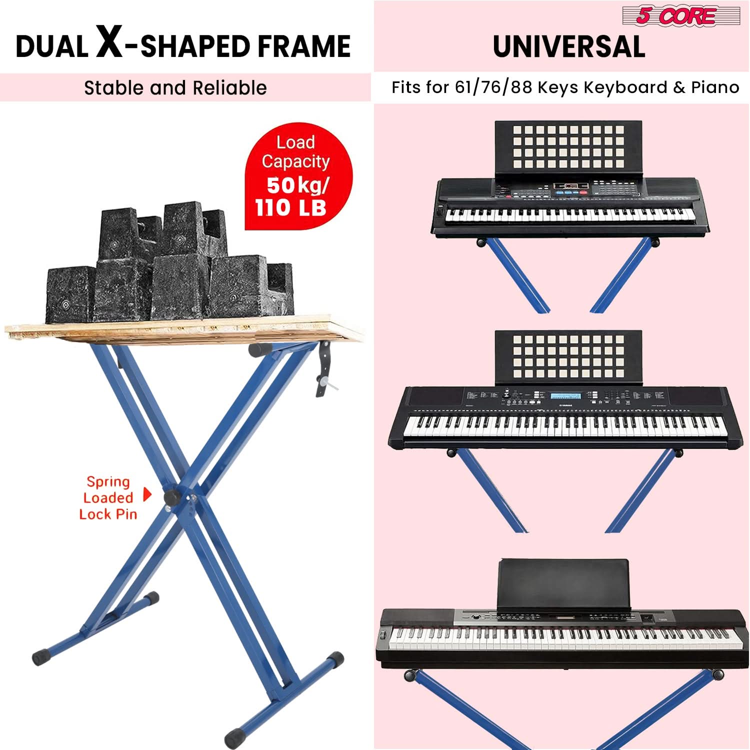 5Core Keyboard Stand Double X Style Adjustable Lift Piano Riser for 49-key keyboards, showcasing its sturdy design and adjustable height features.