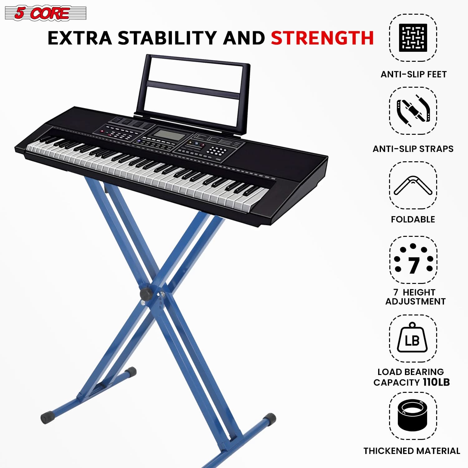 5Core Keyboard Stand Double X Style Adjustable Lift Piano Riser for 49-key keyboards, showcasing its sturdy design and adjustable height features.
