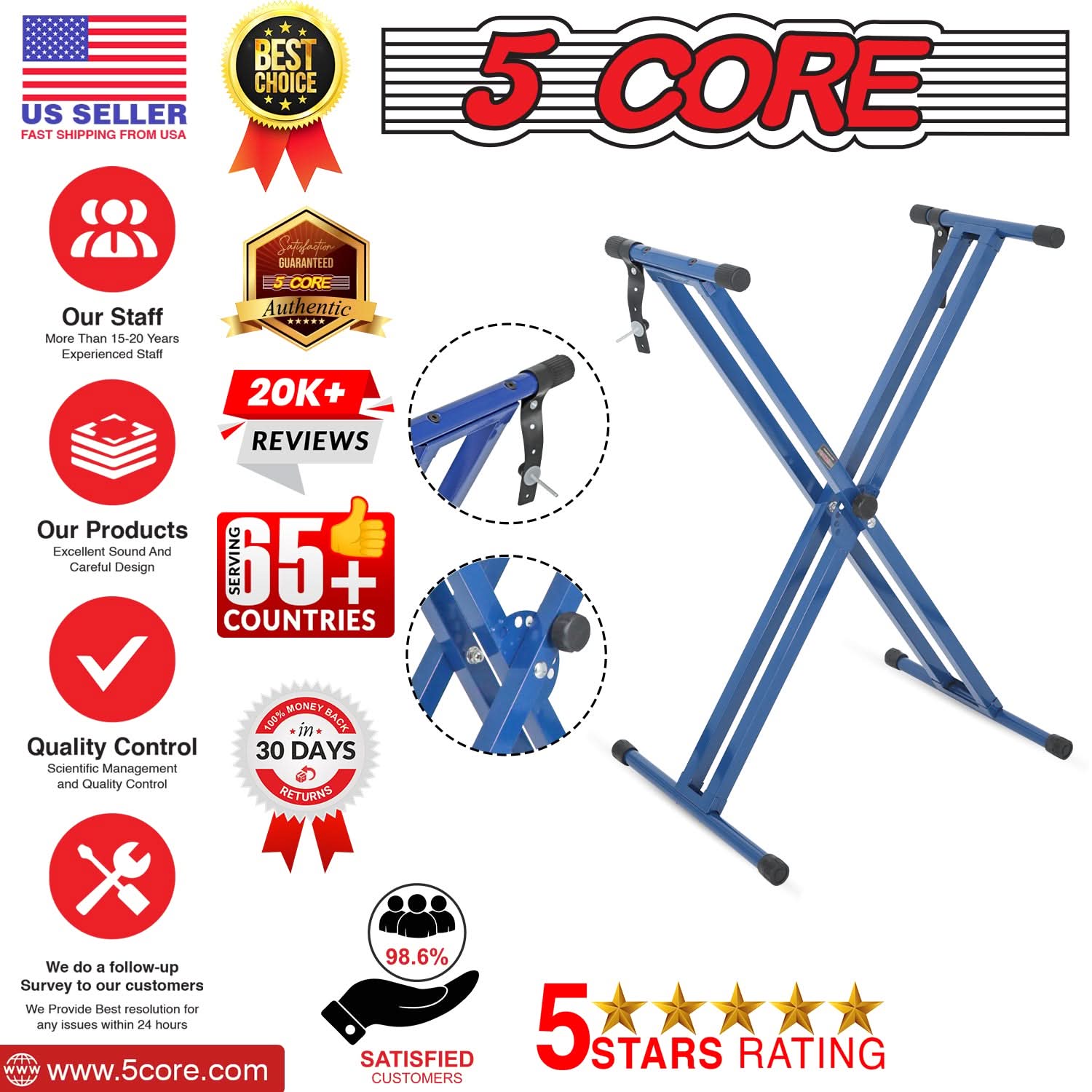 5Core Keyboard Stand Double X Style Adjustable Lift Piano Riser for 49-key keyboards, showcasing its sturdy design and adjustable height features.