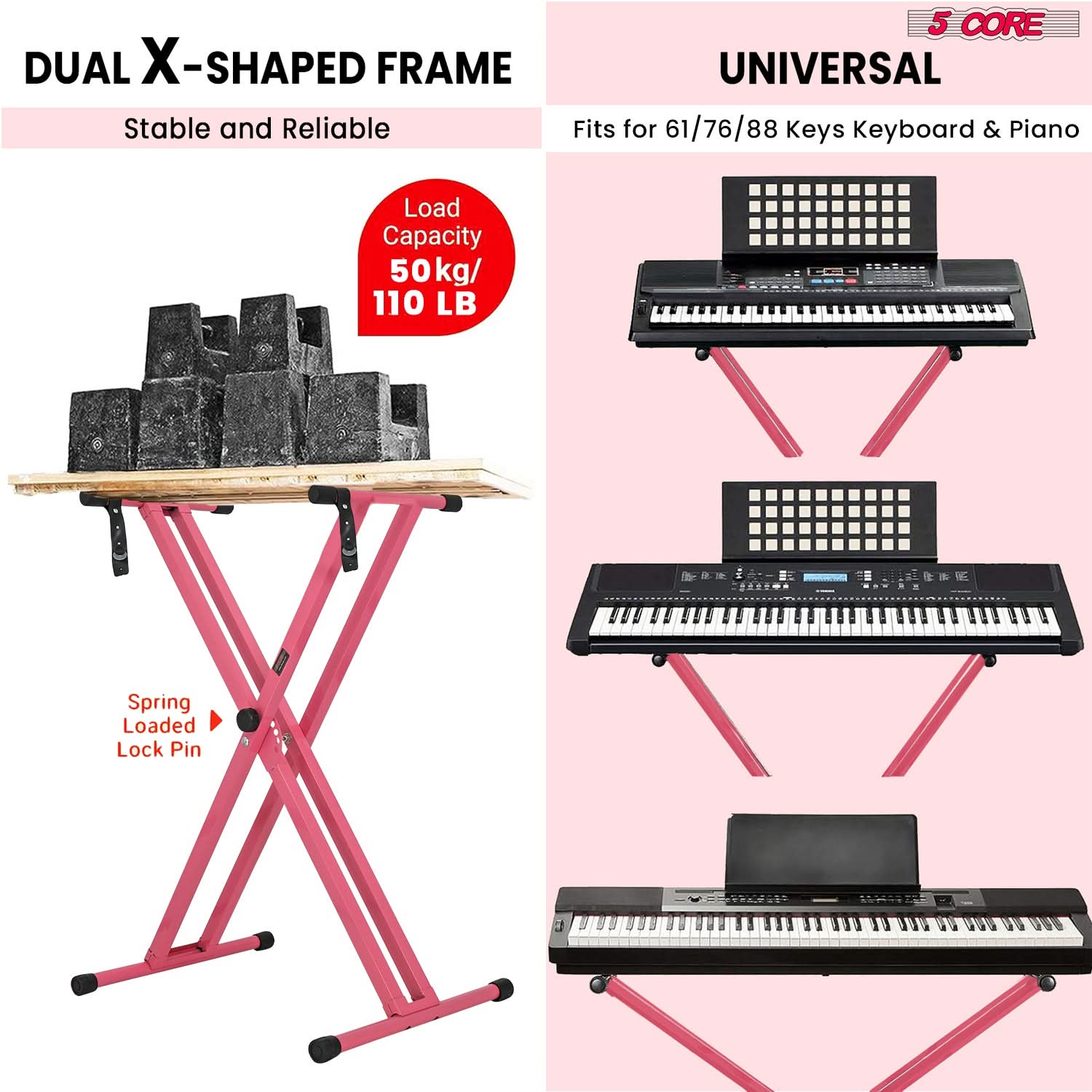 5Core Keyboard Stand Double X Style Adjustable Lift Piano Riser for 49-key keyboards, showcasing its sturdy design and adjustable height features.