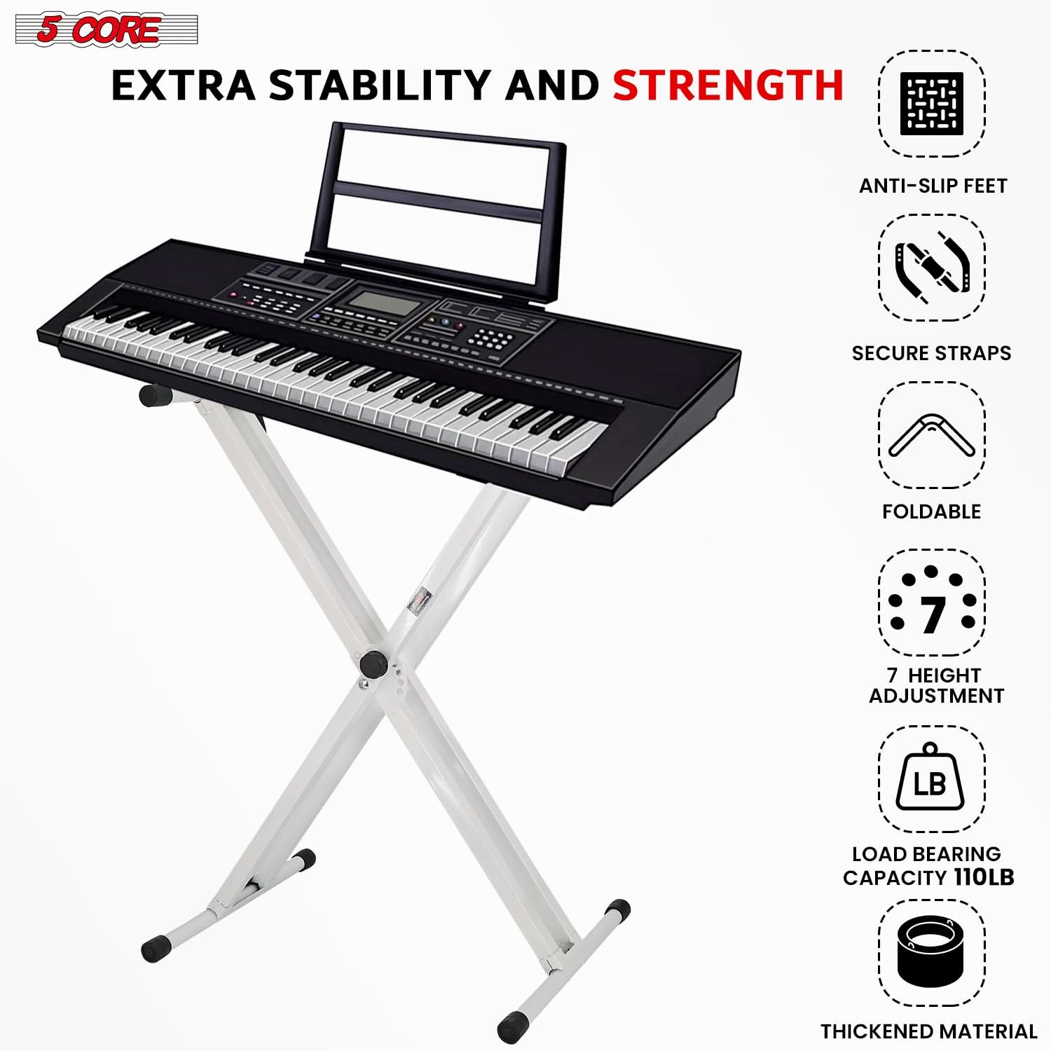 5Core Keyboard Stand Double X Style Adjustable Lift Piano Riser for 49-key keyboards, showcasing its sturdy design and adjustable height features.