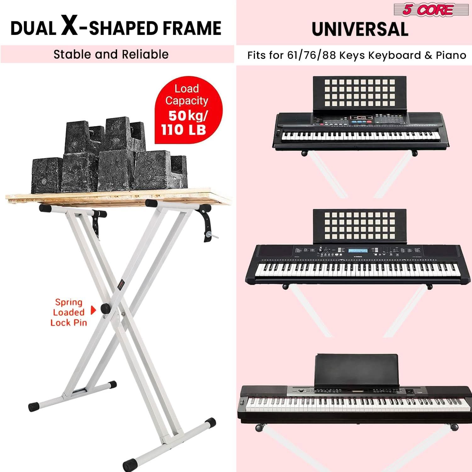 5Core Keyboard Stand Double X Style Adjustable Piano Riser in blue, showcasing its sturdy design and adjustable features.