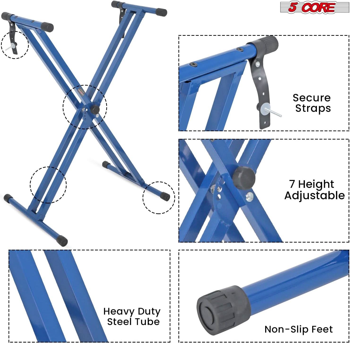 5Core Keyboard Stand Double X Style Adjustable Piano Riser in blue, showcasing its sturdy design and adjustable features.
