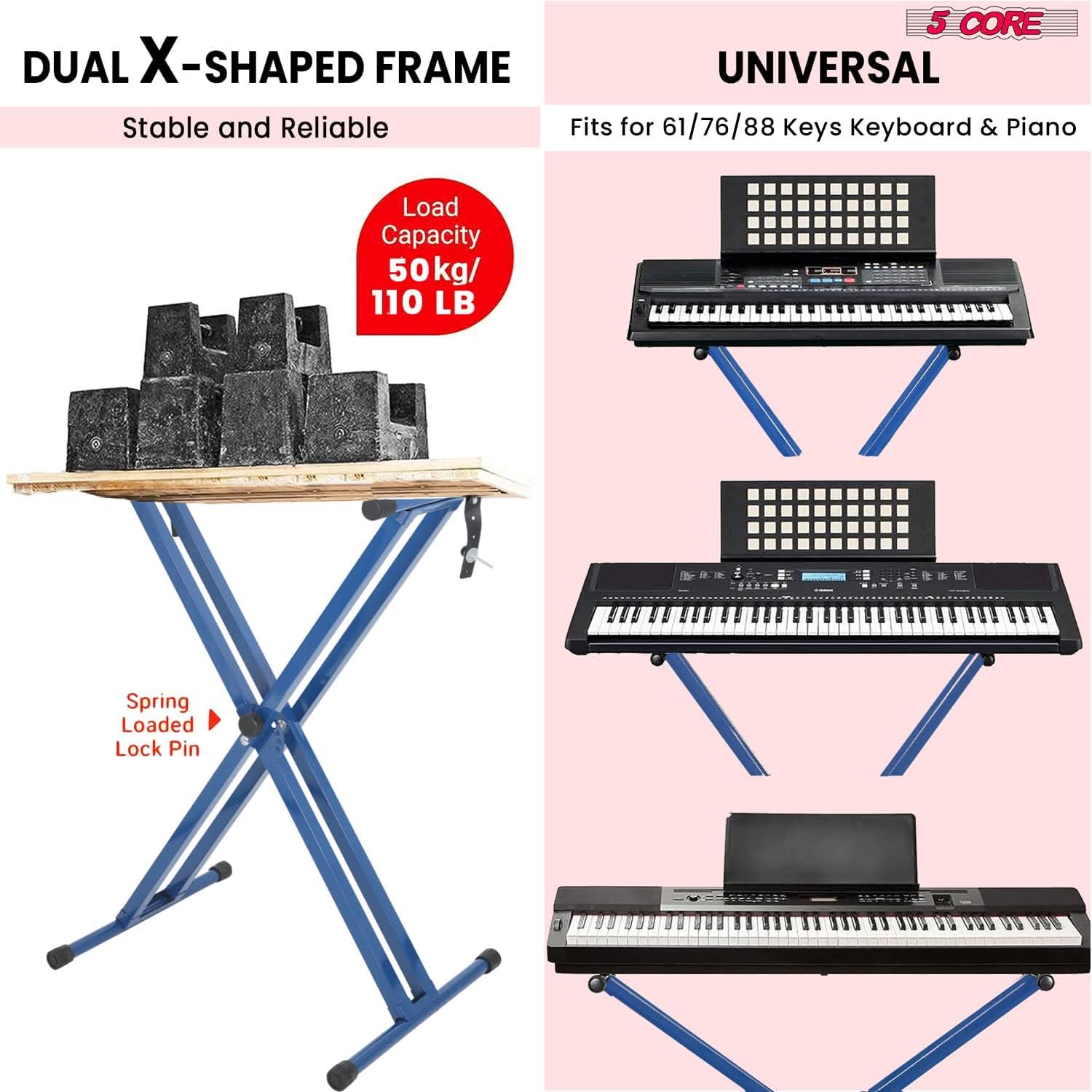 5Core Keyboard Stand Double X Style Adjustable Piano Riser in blue, showcasing its sturdy design and adjustable features.