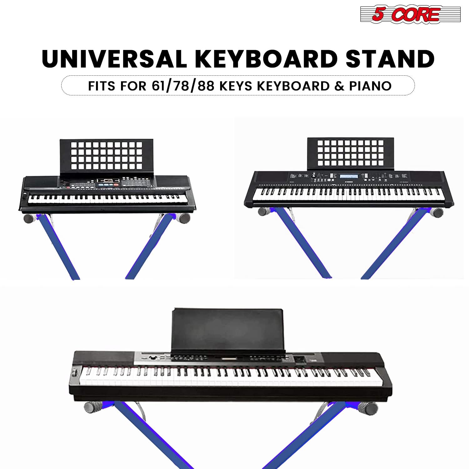 5Core Keyboard Stand in X-style design, adjustable height for 49-key keyboards, showcasing its sturdy construction and portability.