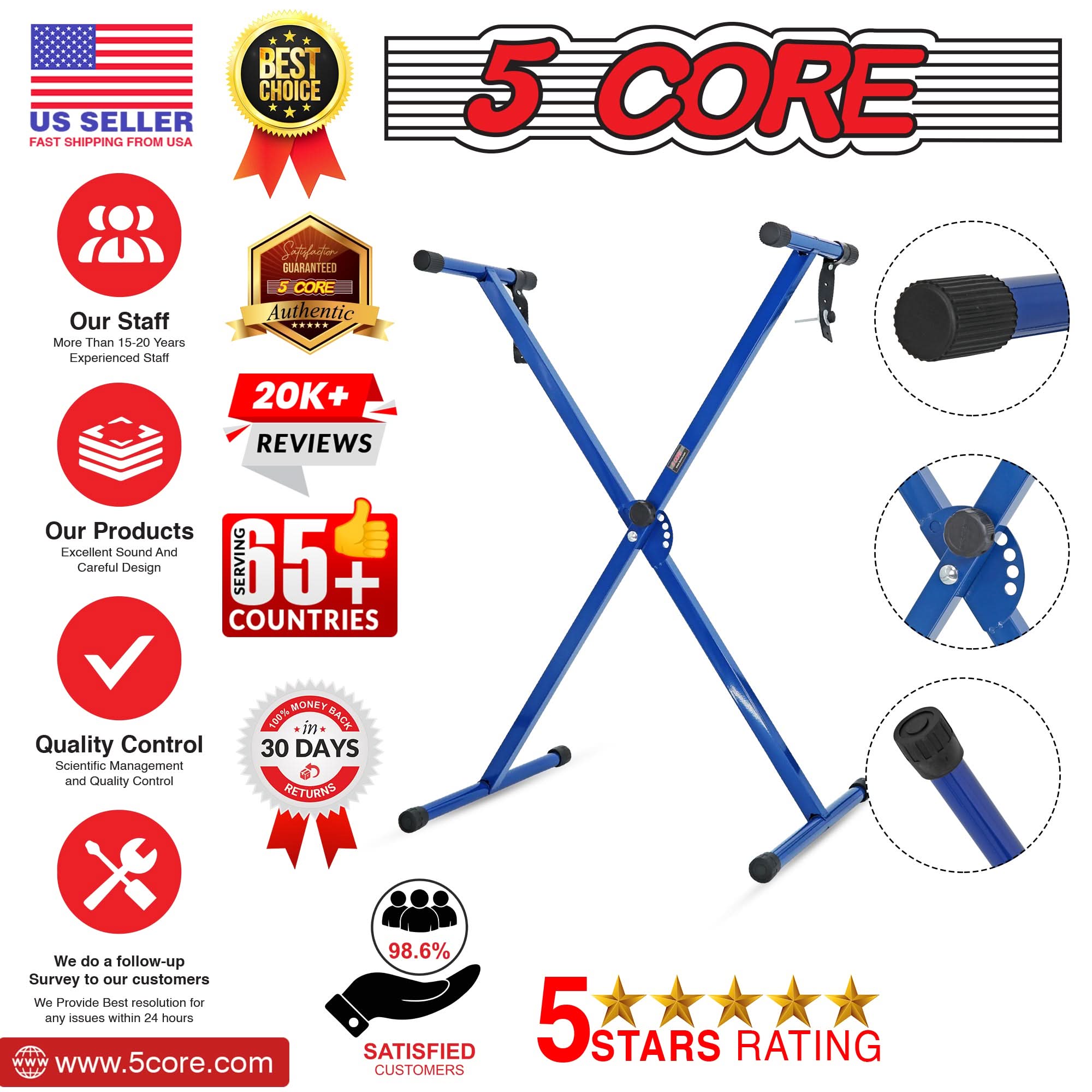5Core Keyboard Stand in X-style design, adjustable height for 49-key keyboards, showcasing its sturdy construction and portability.