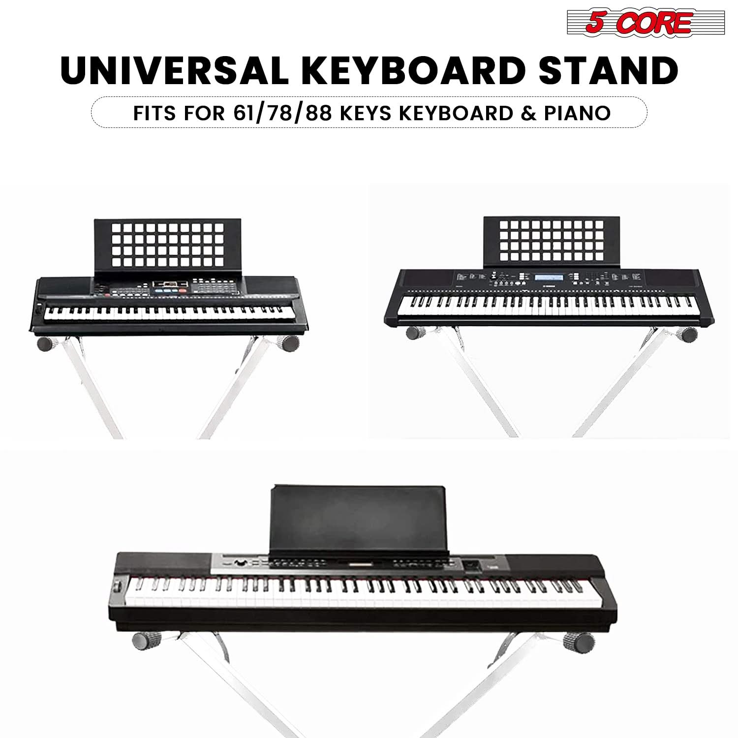 5Core Keyboard Stand in X-style design, adjustable height for 49-key keyboards, showcasing its sturdy construction and portability.