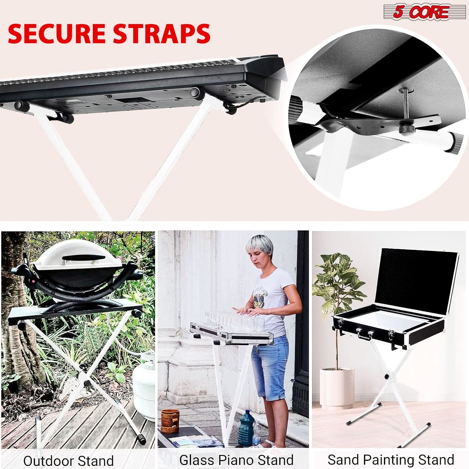 5Core Keyboard Stand in X-style design, adjustable height for 49-key keyboards, showcasing its sturdy construction and portability.