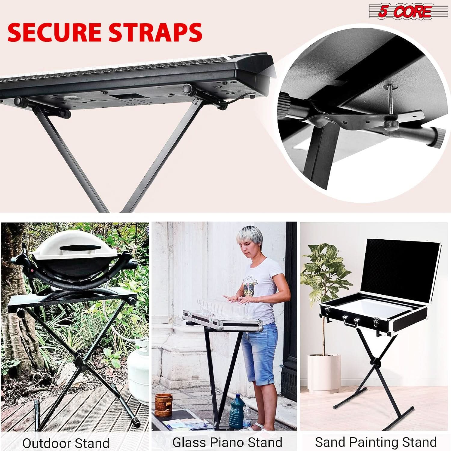 5Core Keyboard Stand in X-style design, adjustable height for 49-key keyboards, showcasing its sturdy construction and portability.