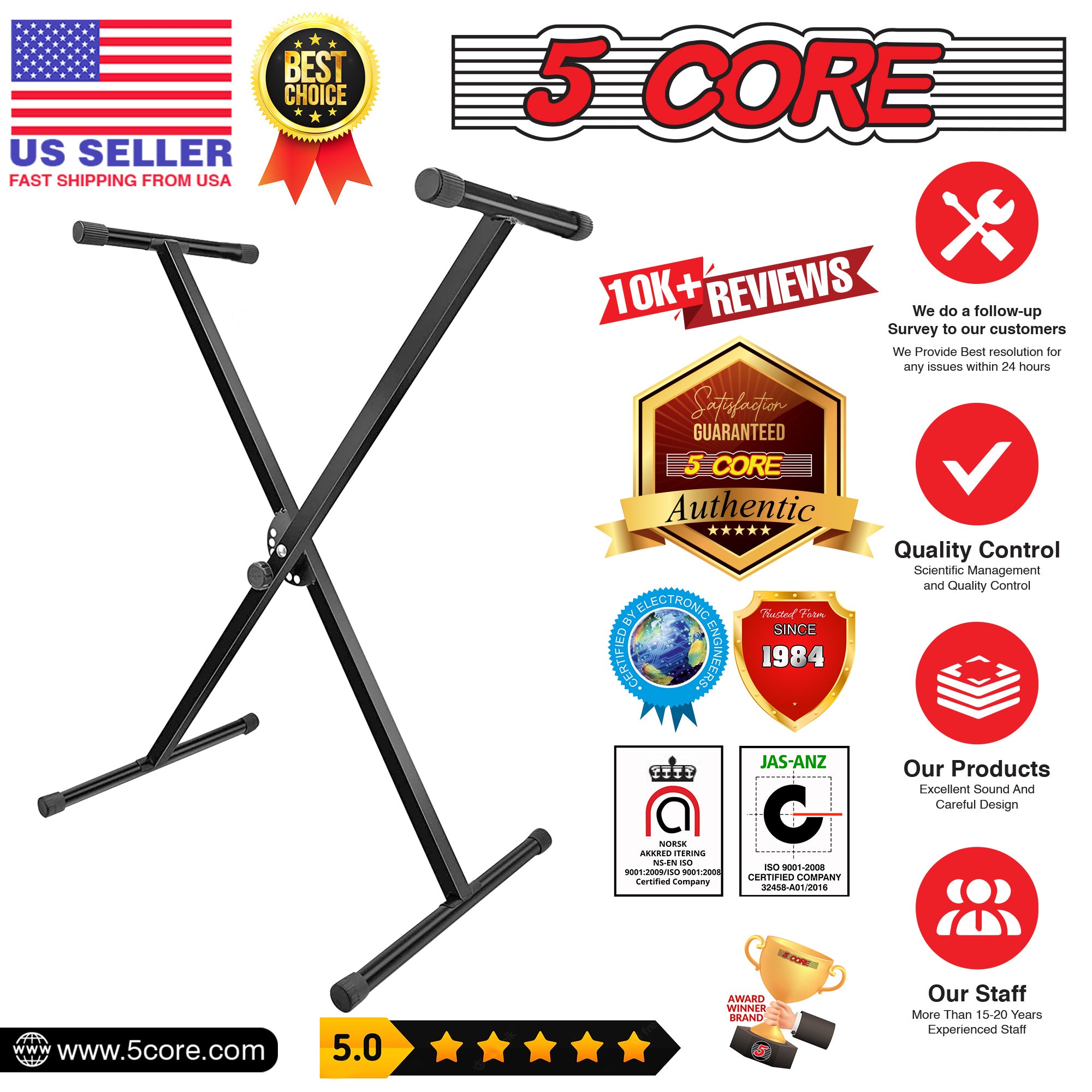 5Core Keyboard Stand in black, featuring an X frame design, adjustable height, and non-slip caps for stability, suitable for 49-key keyboards.