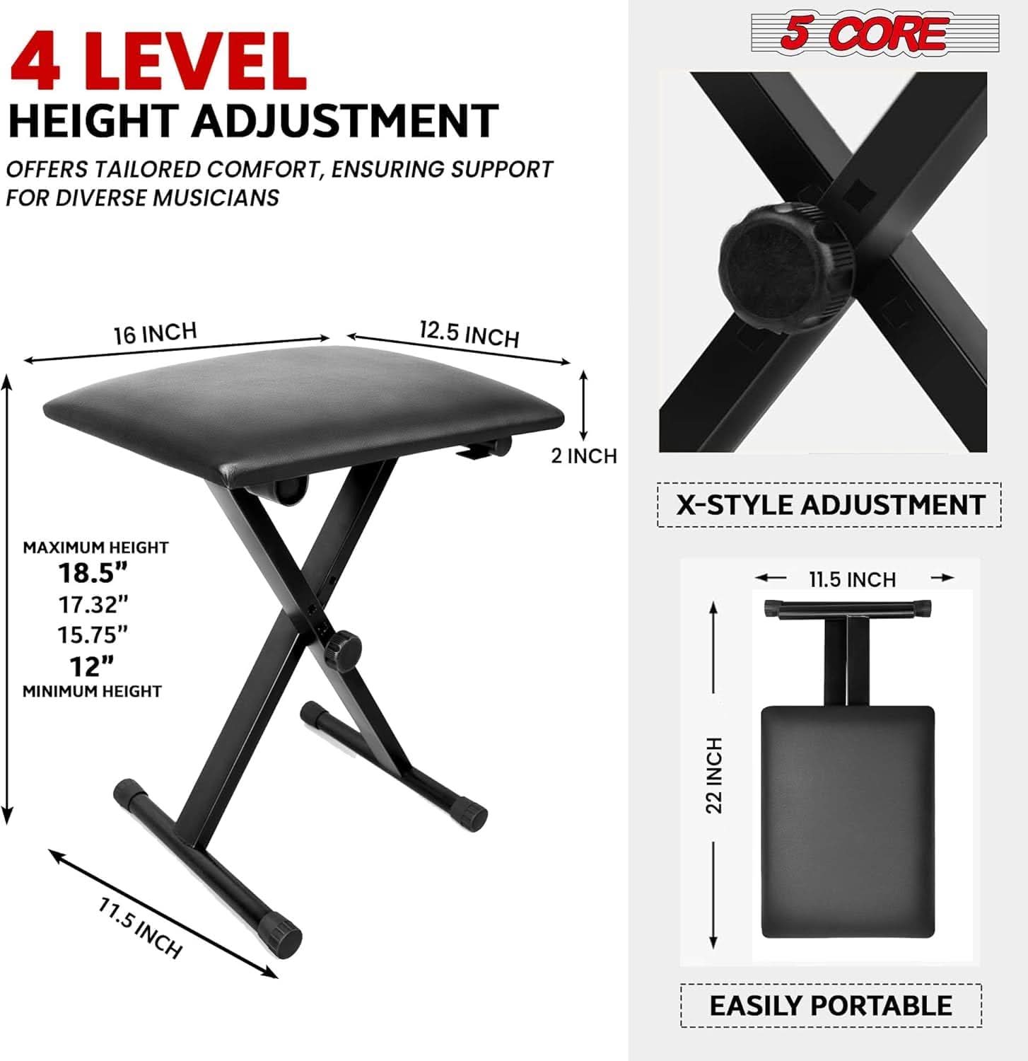 5Core Keyboard Stand with adjustable height and comfortable piano bench, perfect for musicians.