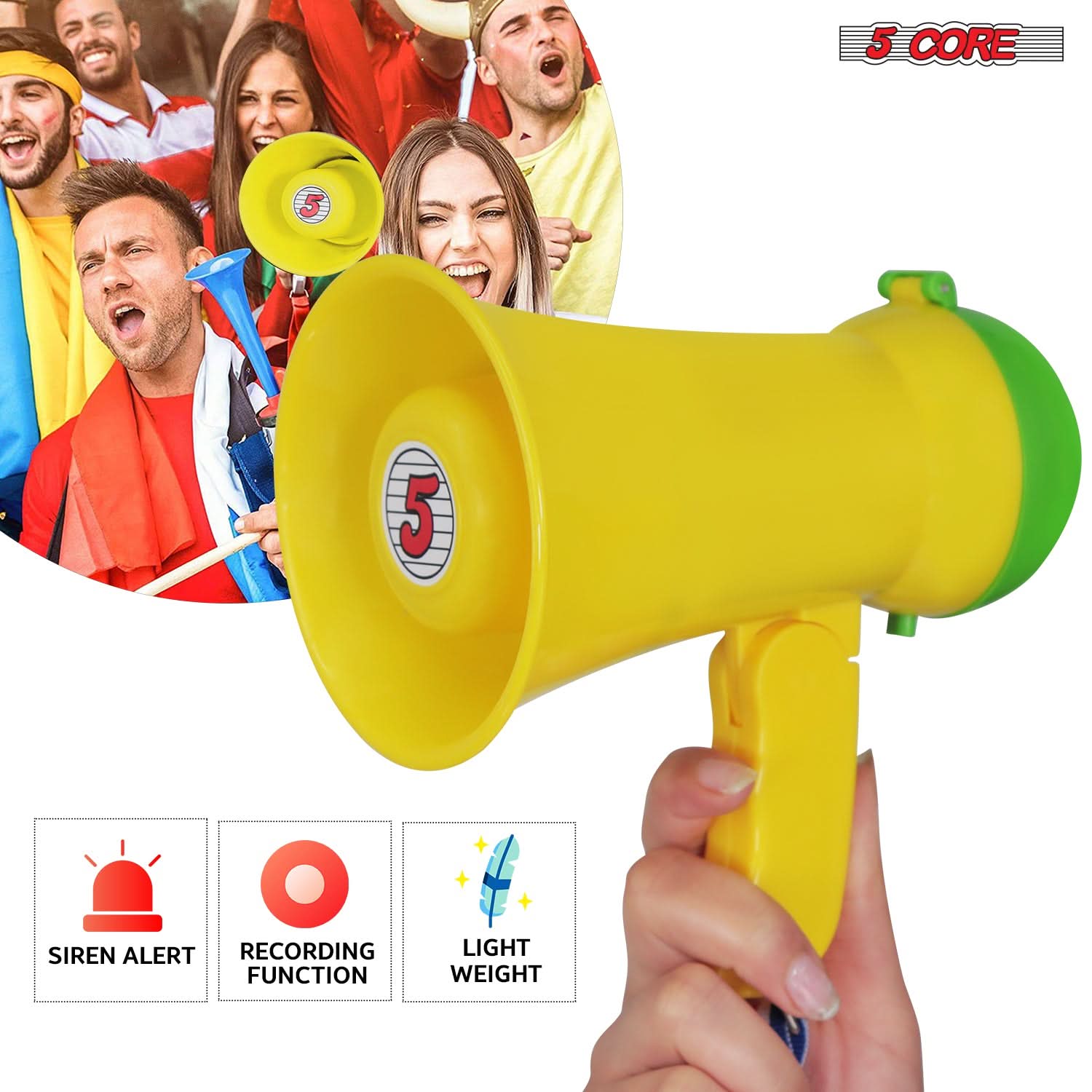 5Core Megaphone Bullhorn Speaker in blue, showcasing its compact design and ergonomic handle.
