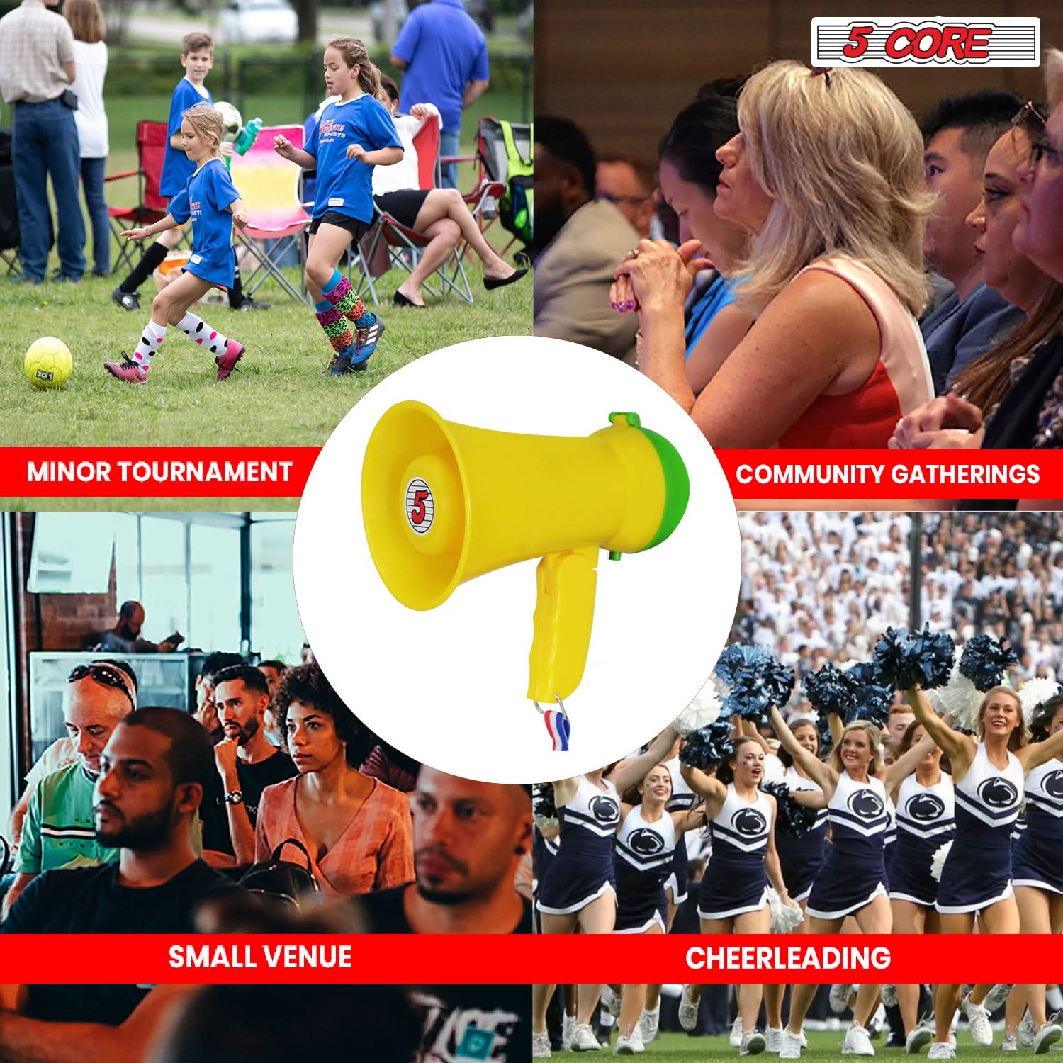 5Core Megaphone Bullhorn Speaker in blue, showcasing its compact design and ergonomic handle.