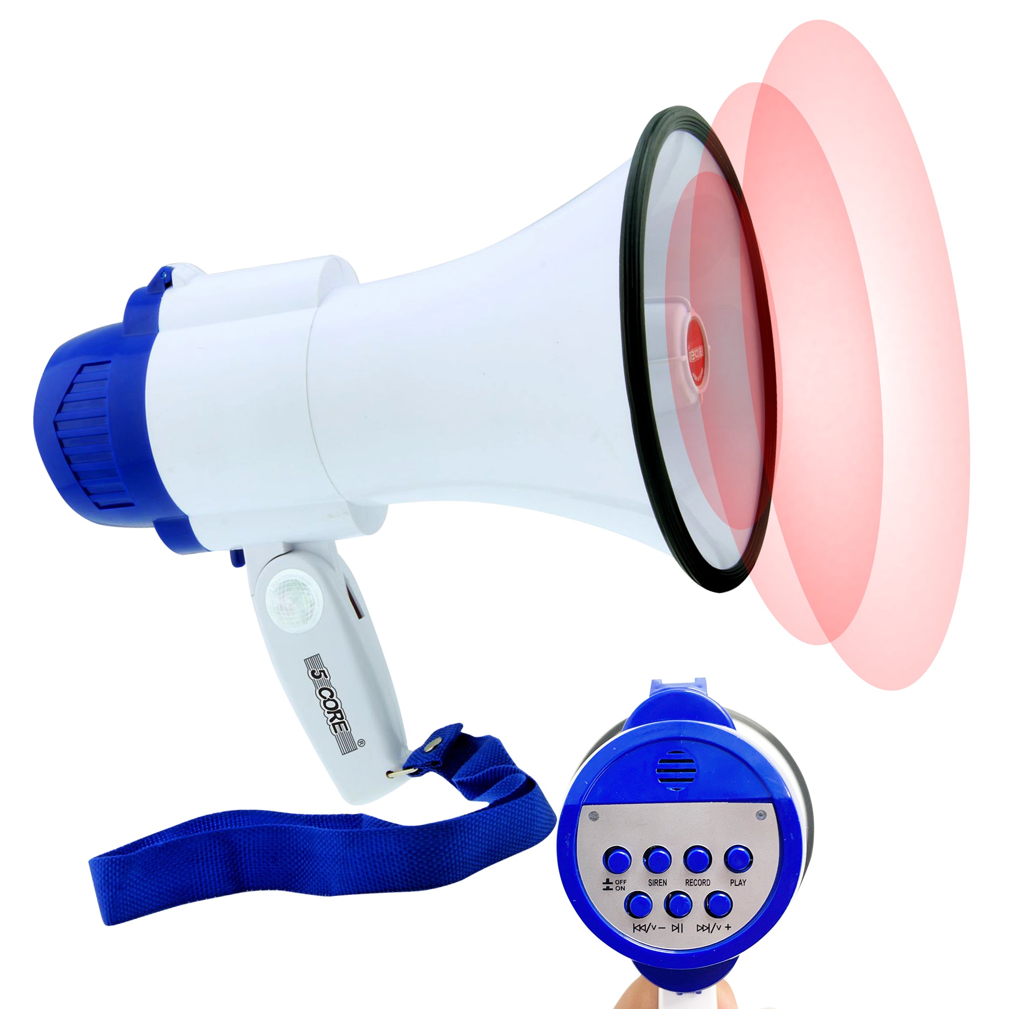 5Core Megaphone Bullhorn Speaker in white and blue, showcasing its ergonomic design and built-in microphone.