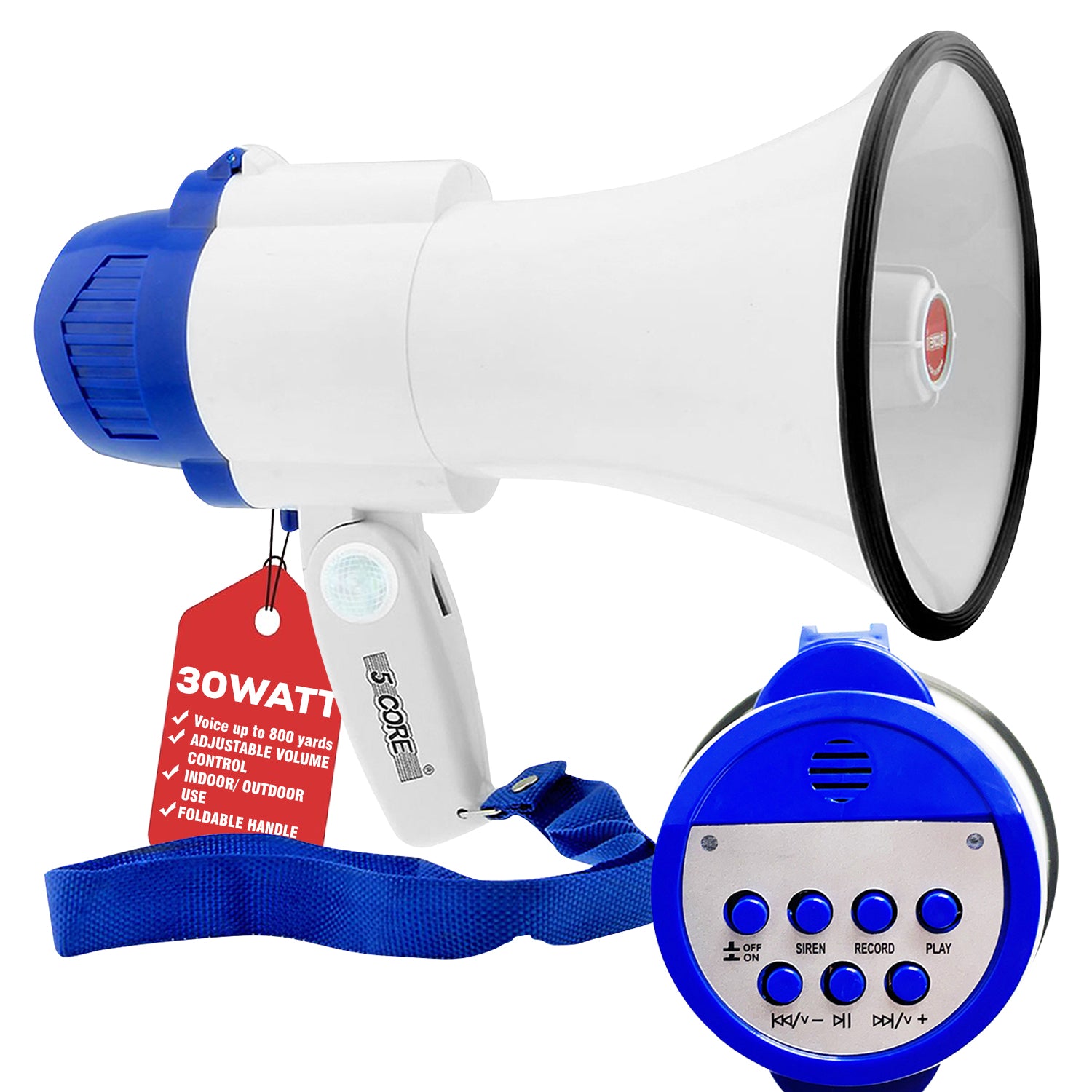 5Core Megaphone Bullhorn Speaker in white and blue, showcasing its ergonomic design and built-in microphone.