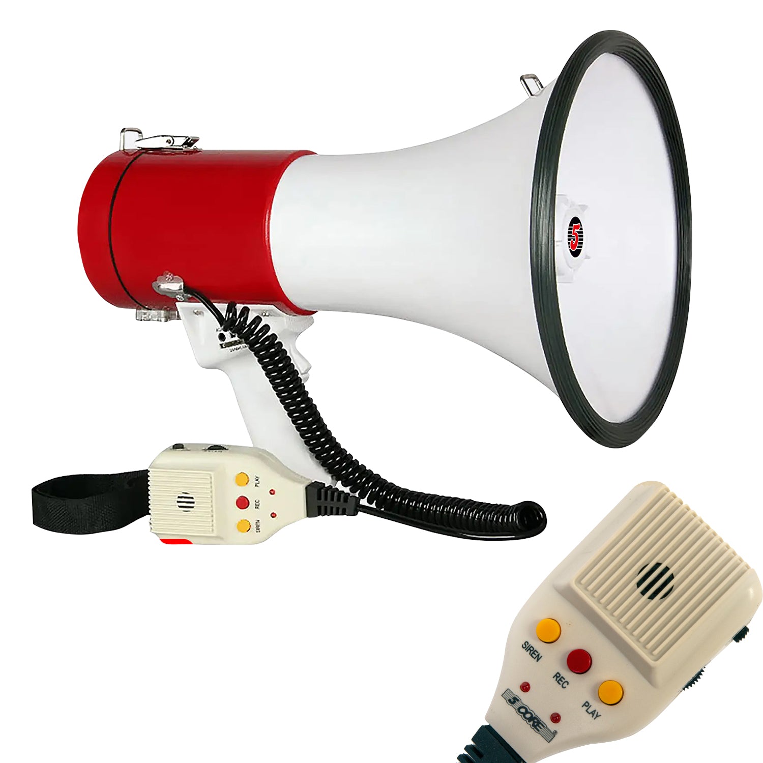 5Core Megaphone Bullhorn Speaker in white and red, showcasing its ergonomic design and powerful speaker capabilities.