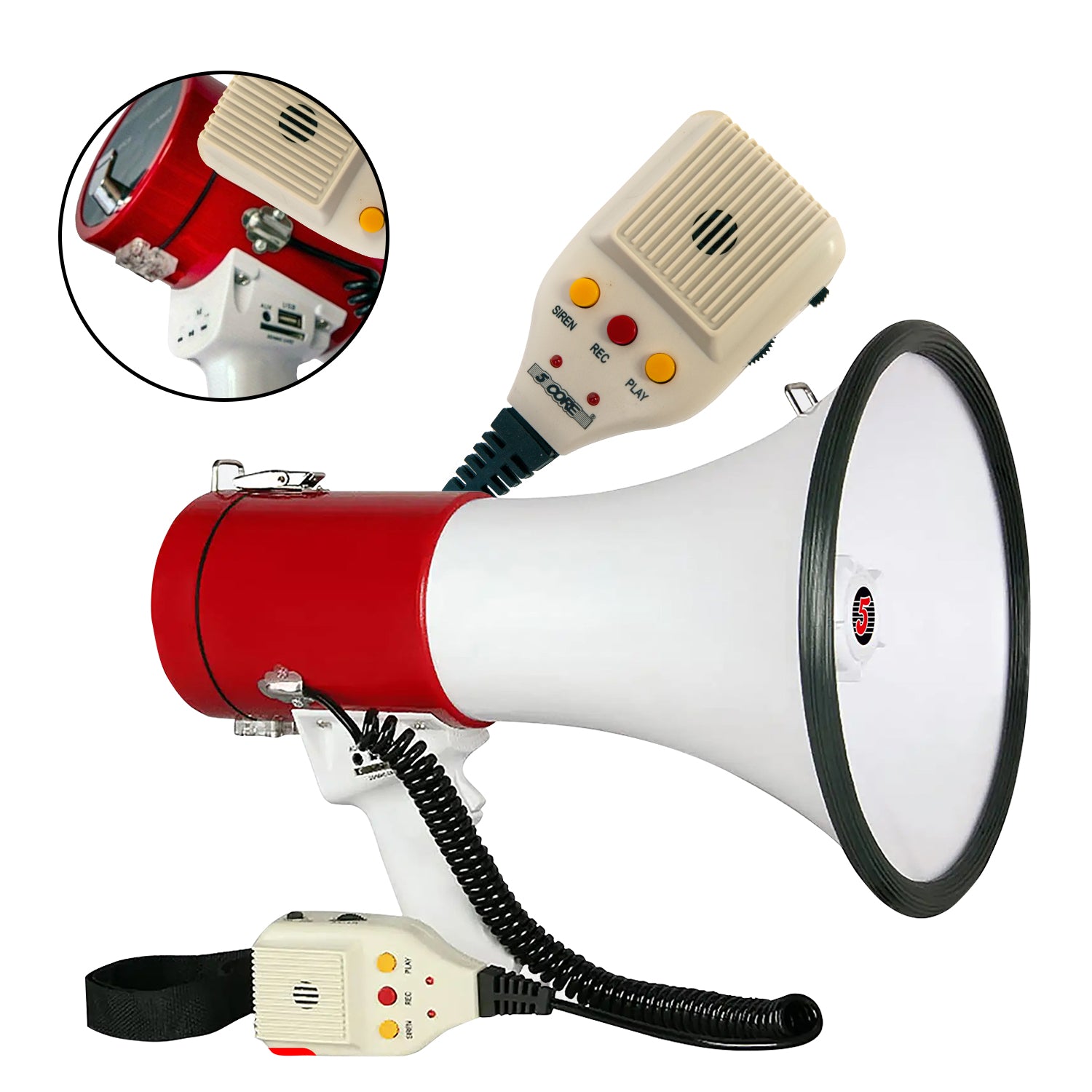 5Core Megaphone Bullhorn Speaker in white and red, showcasing its ergonomic design and powerful speaker capabilities.