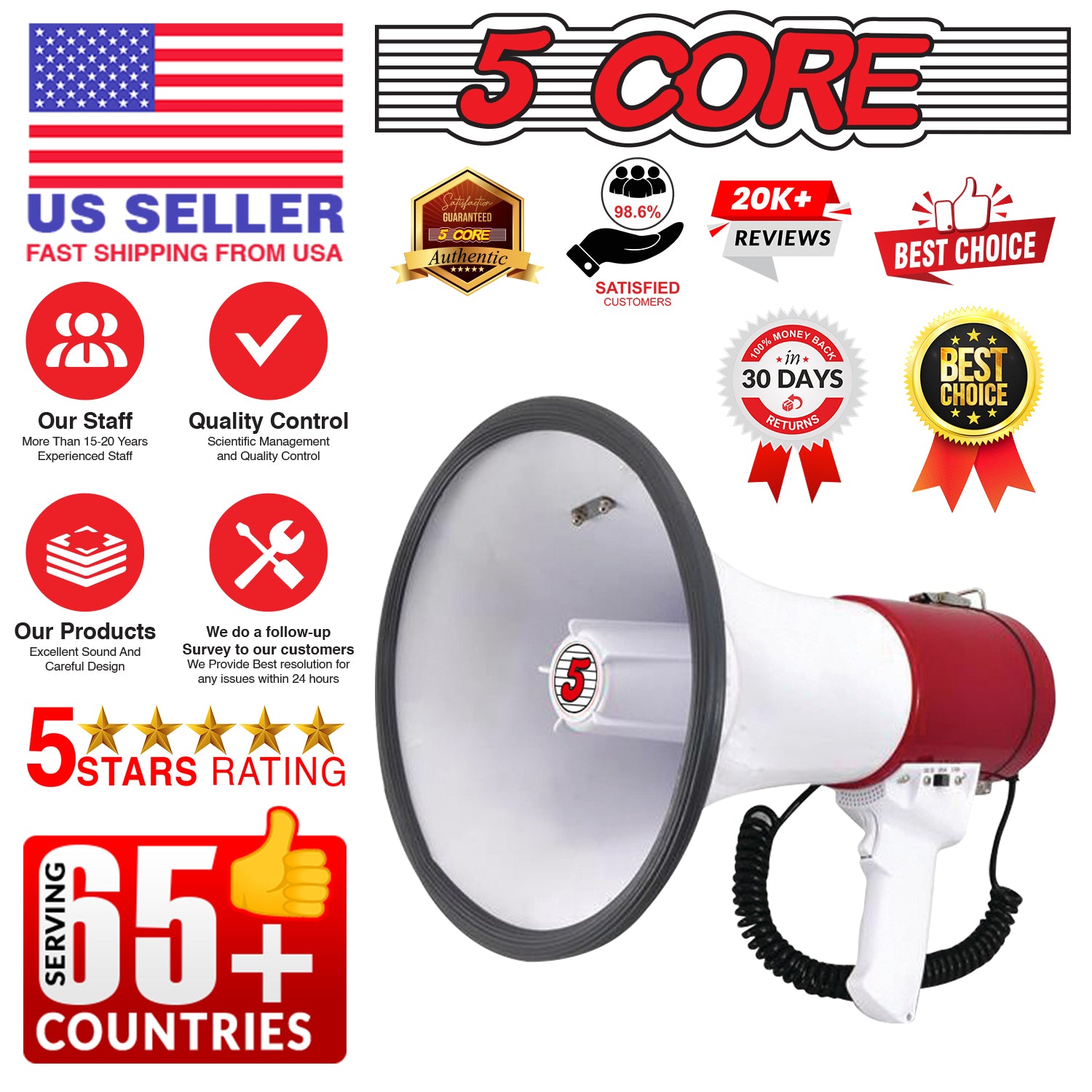 5Core Megaphone Bullhorn Speaker in white and red, showcasing its ergonomic design and powerful speaker capabilities.
