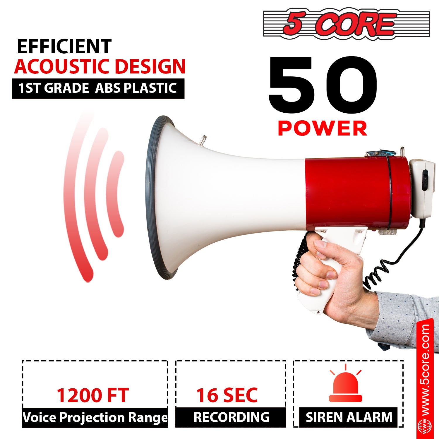 5Core Megaphone Bullhorn Speaker in white and red, showcasing its ergonomic design and powerful speaker capabilities.