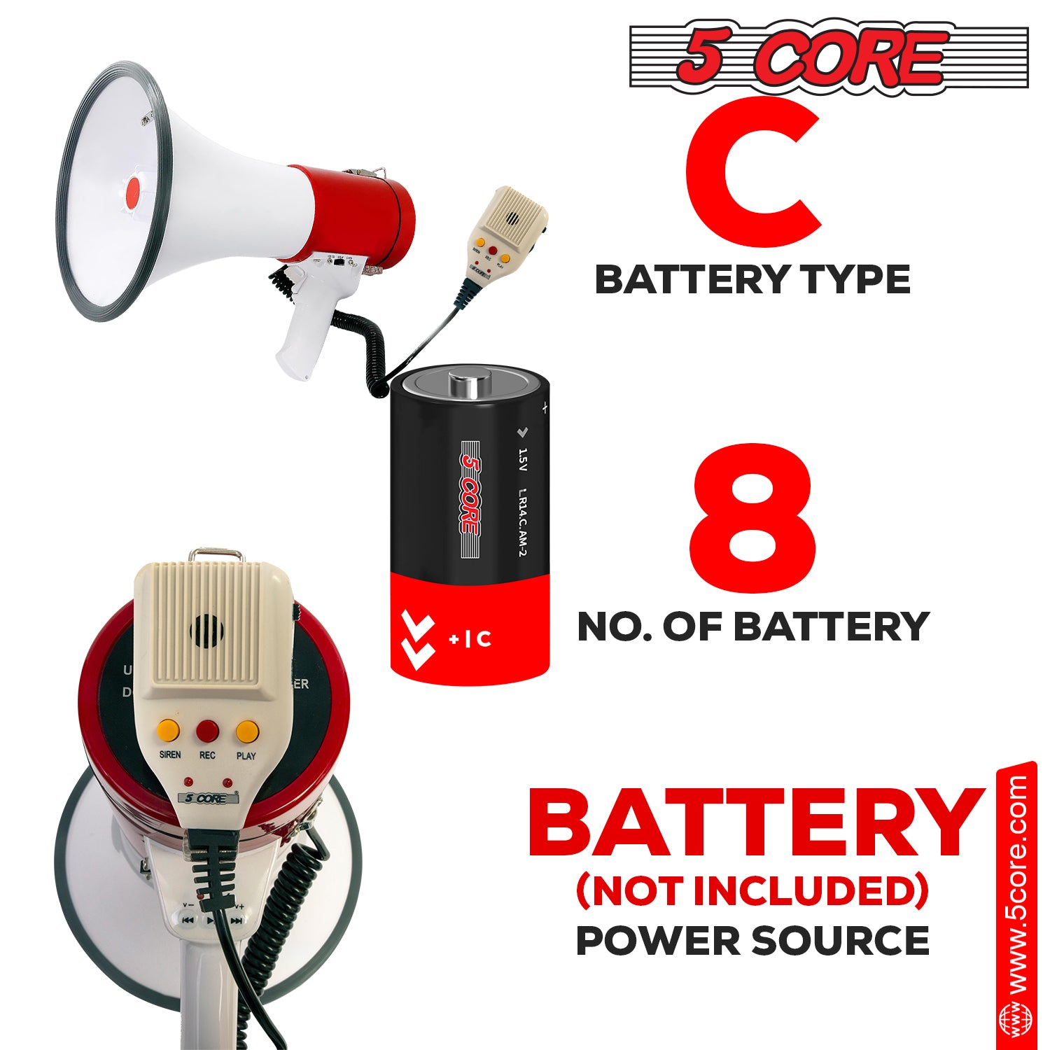 5Core Megaphone Bullhorn Speaker in white and red, showcasing its ergonomic design and powerful speaker capabilities.