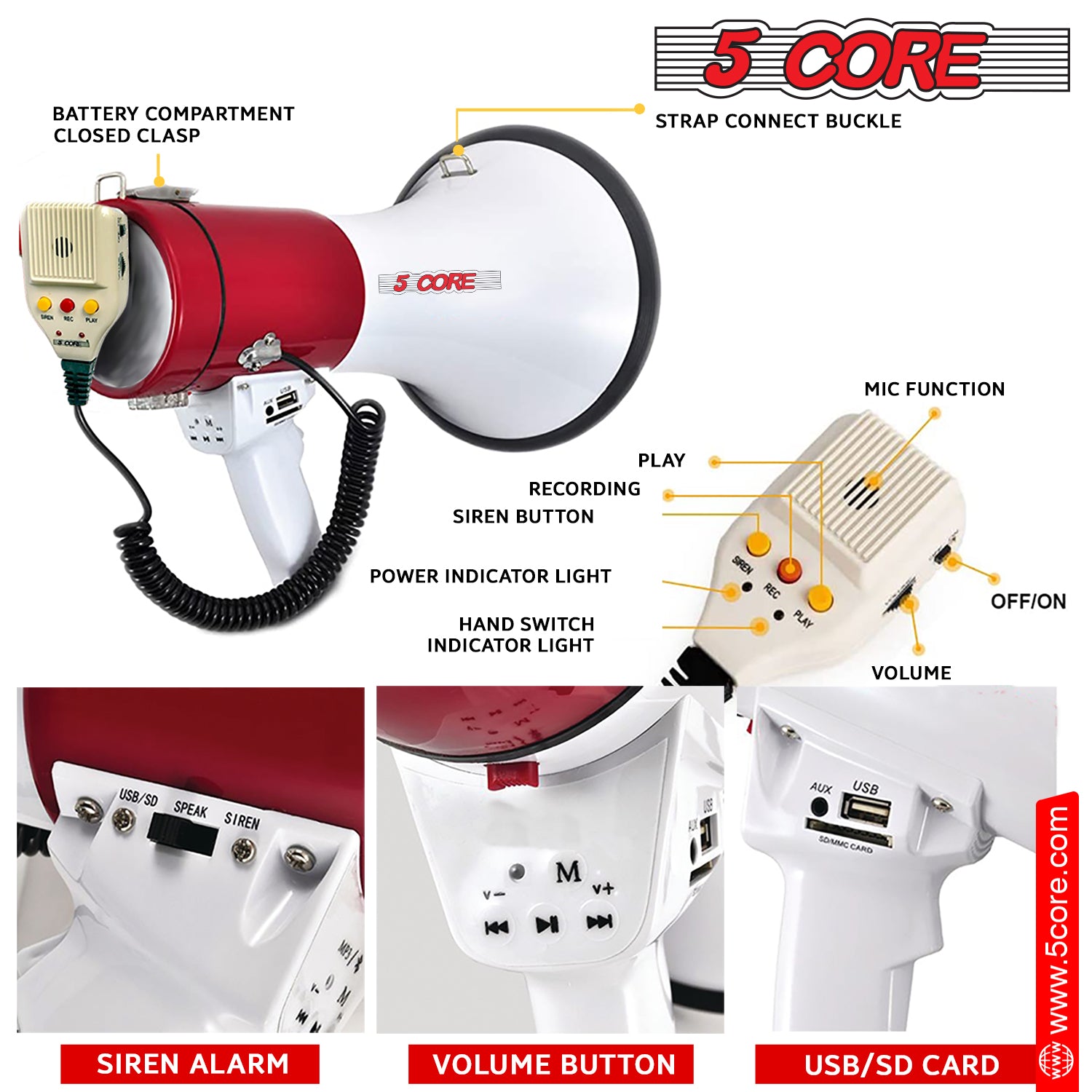 5Core Megaphone Bullhorn Speaker in white and red, showcasing its ergonomic design and powerful speaker capabilities.