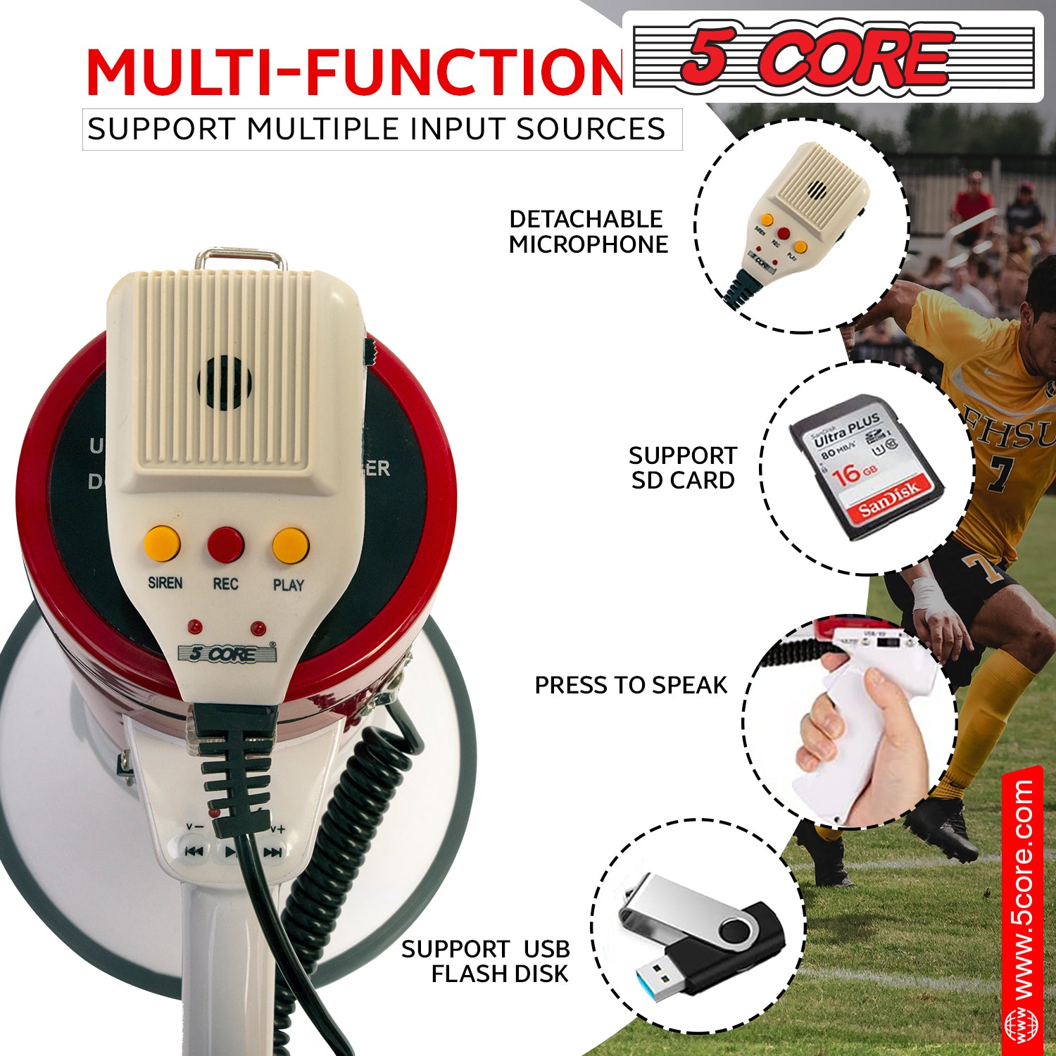 5Core Megaphone Bullhorn Speaker in white and red, showcasing its ergonomic design and powerful speaker capabilities.